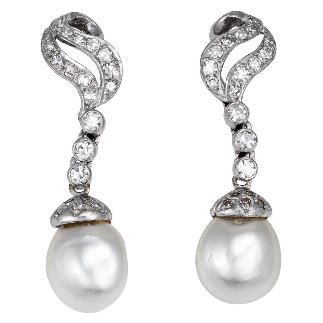 Mid Century Baroque Pearl Diamond Earrings 14k White Gold 1.5" Drops Jewelry