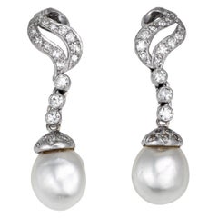 Mid Century Baroque Pearl Diamond Earrings 14k White Gold 1.5" Drops Jewelry