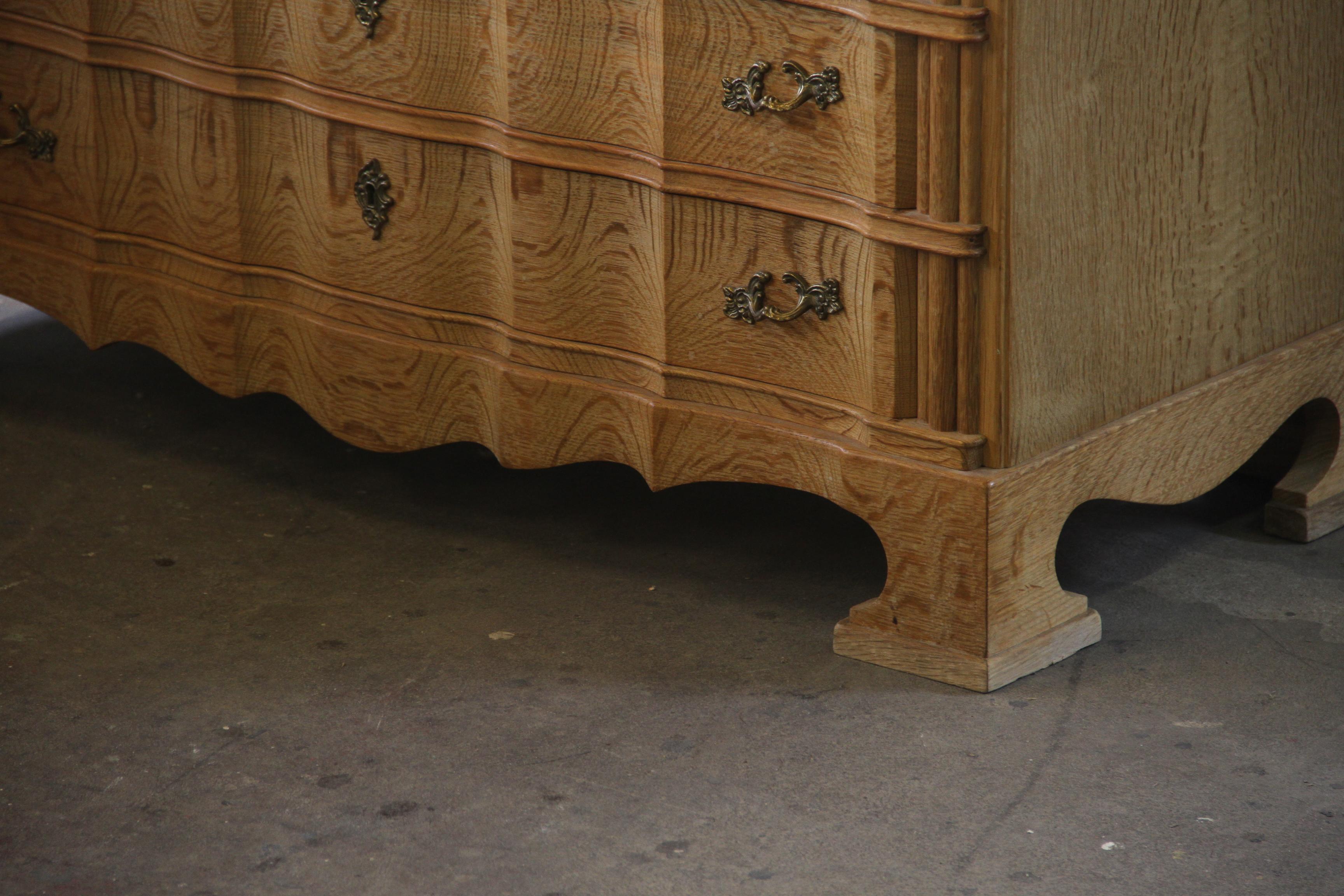 Brass Mid-century Baroque Style Danish Oak High Boy Dresser 1960s For Sale