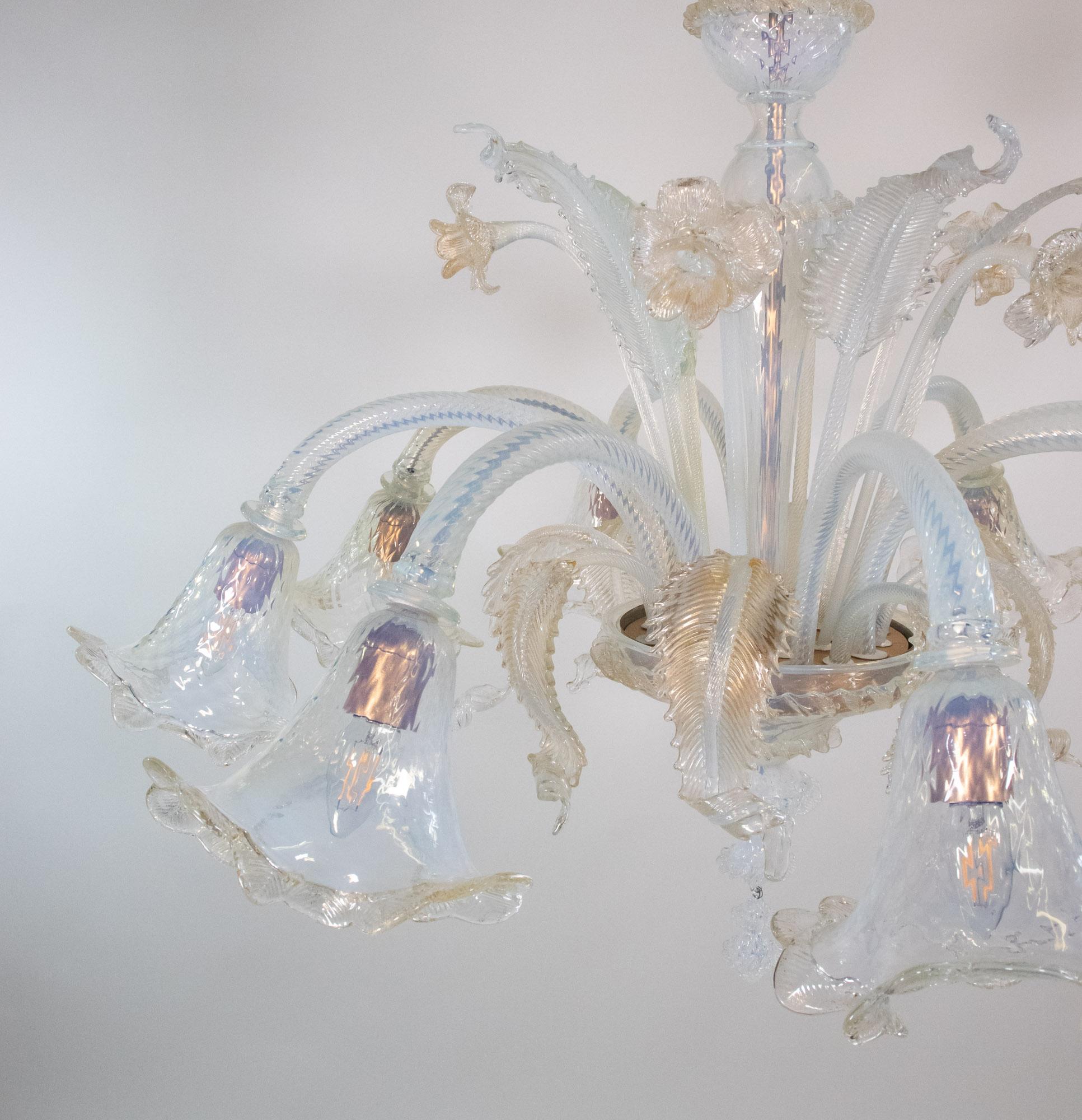Mid-Century Baroque Style Eight Arm Gold Infused Opaline Murano Chandelier 7