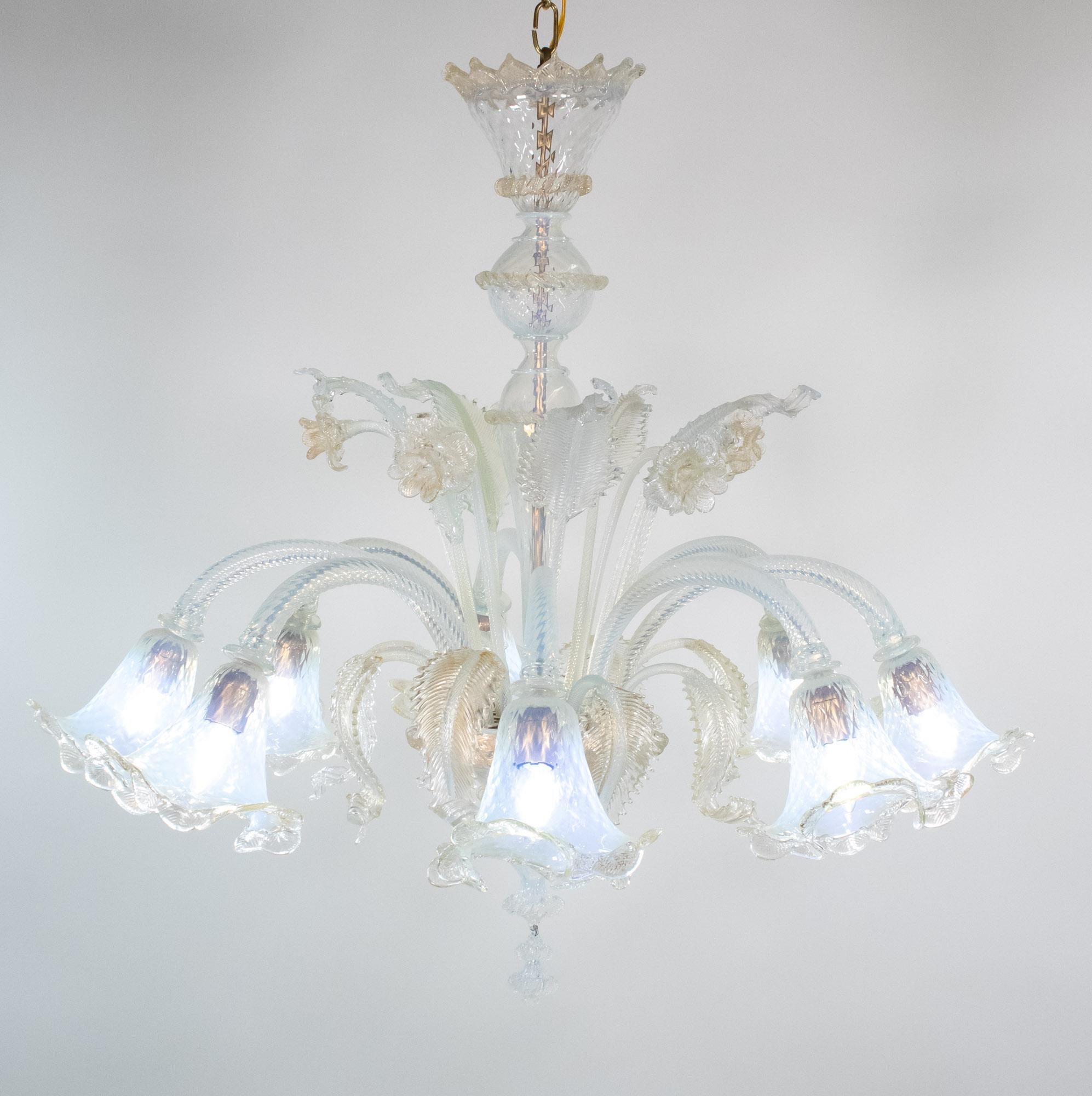 Italian Mid-Century Baroque Style Eight Arm Gold Infused Opaline Murano Chandelier