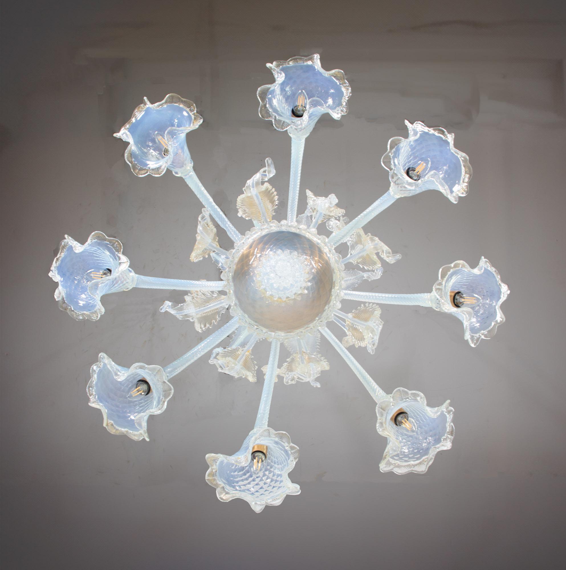 Hand-Crafted Mid-Century Baroque Style Eight Arm Gold Infused Opaline Murano Chandelier
