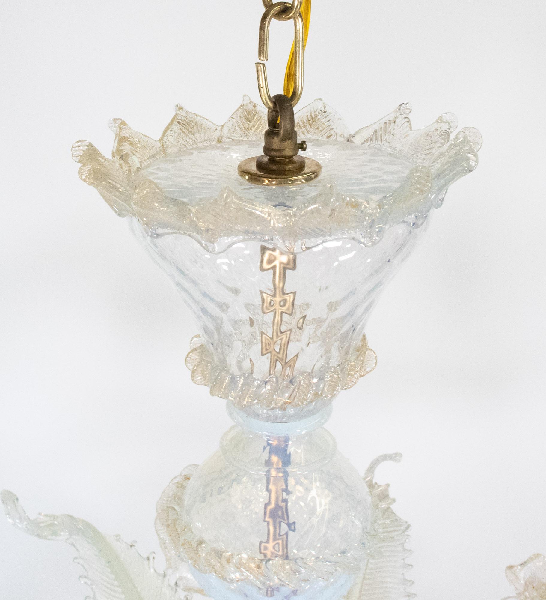 20th Century Mid-Century Baroque Style Eight Arm Gold Infused Opaline Murano Chandelier
