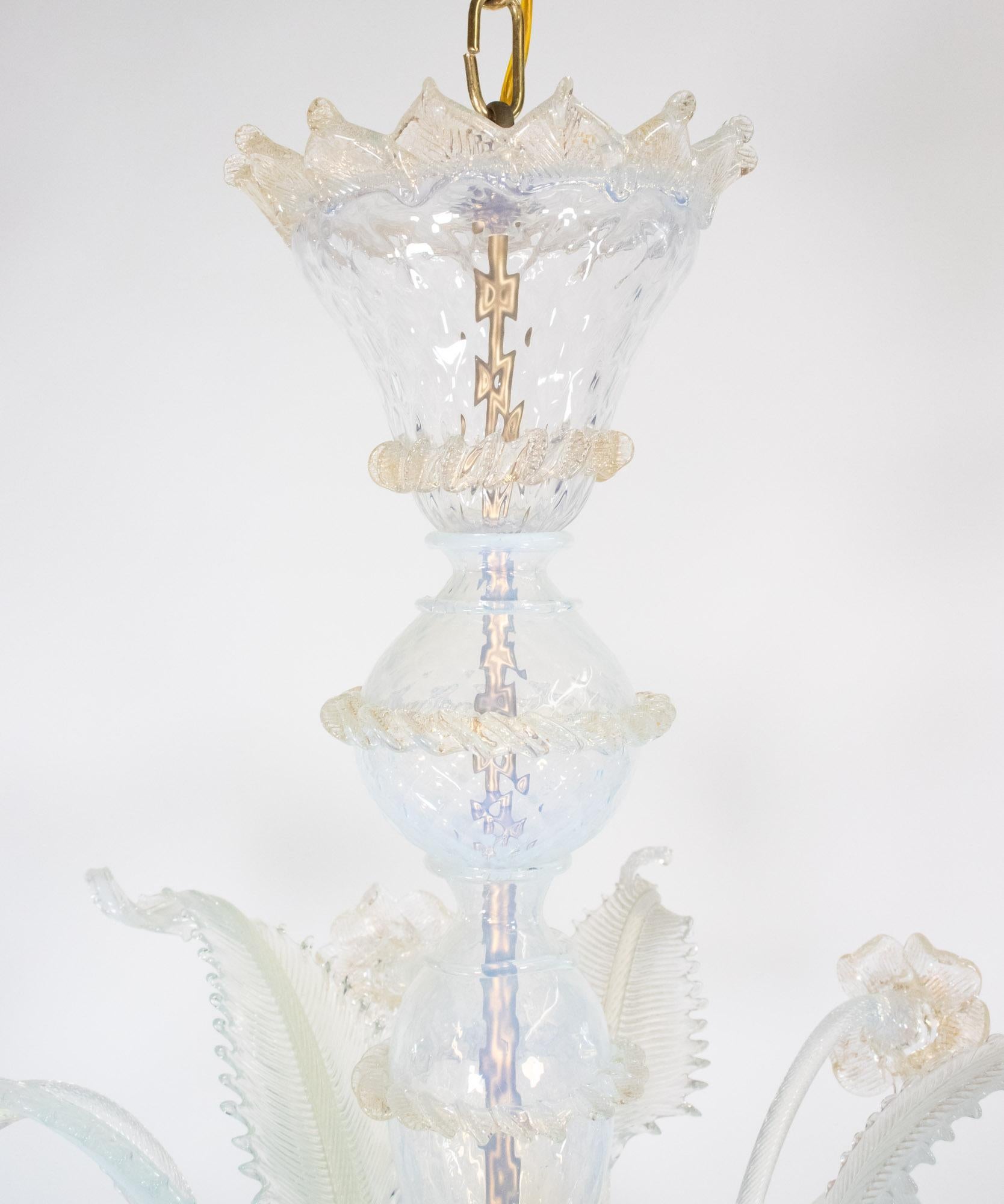 Murano Glass Mid-Century Baroque Style Eight Arm Gold Infused Opaline Murano Chandelier