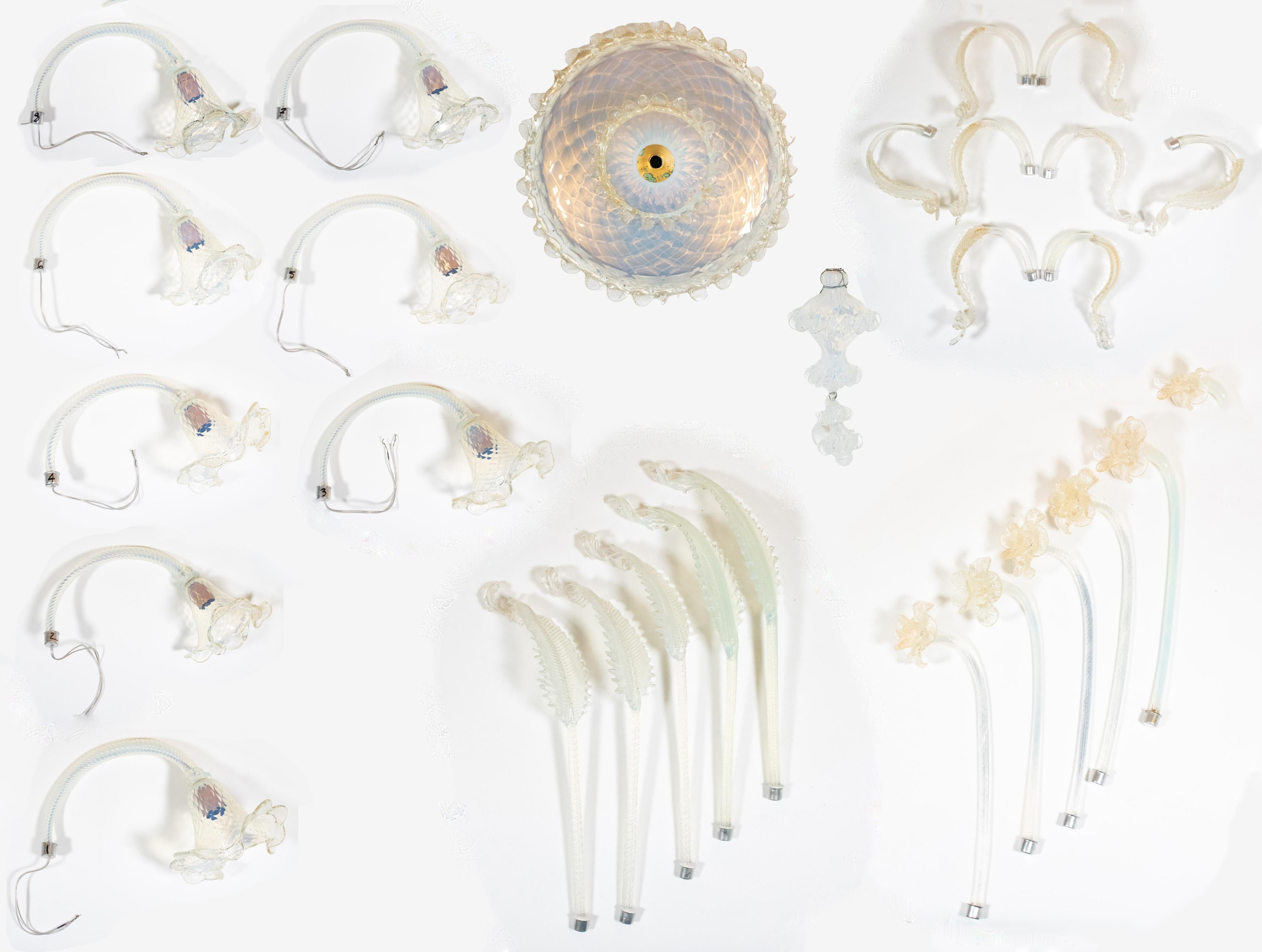 Mid-Century Baroque Style Eight Arm Gold Infused Opaline Murano Chandelier 1