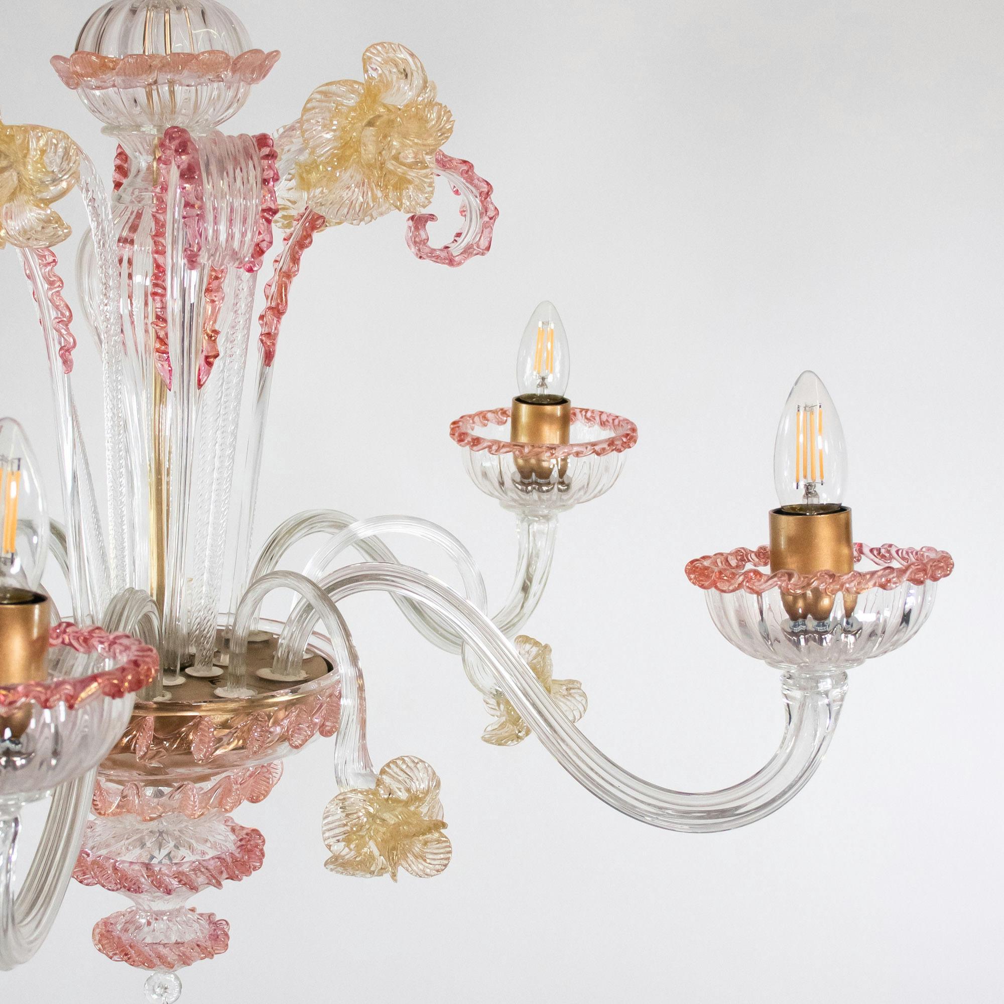 Mid-Century Baroque Style Five Arm Blush Pink and Gold Murano Chandelier For Sale 8