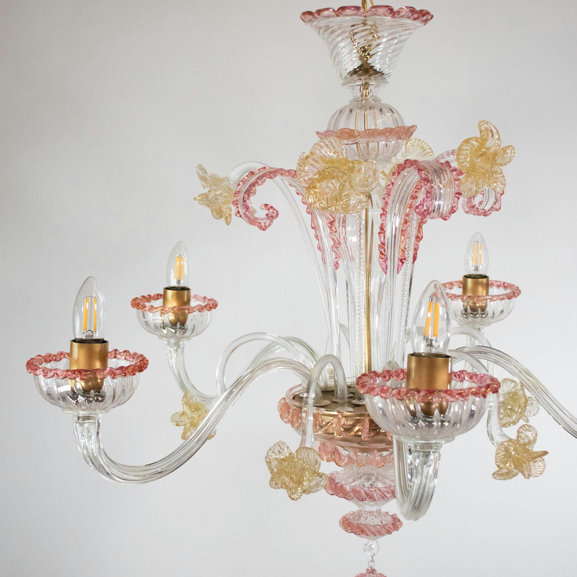 Mid-Century Baroque Style Five Arm Blush Pink and Gold Murano Chandelier For Sale 9