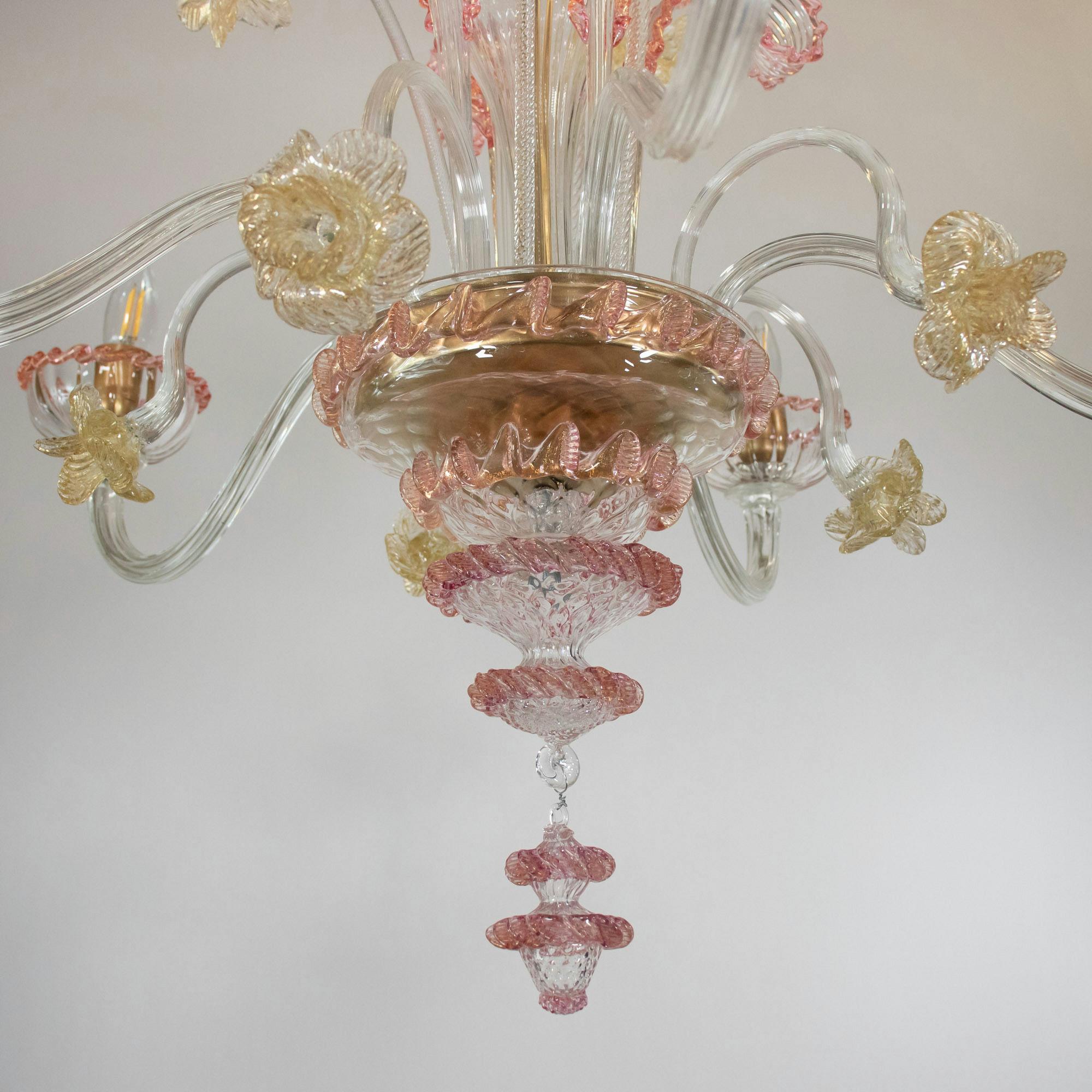 Mid-Century Baroque Style Five Arm Blush Pink and Gold Murano Chandelier For Sale 10