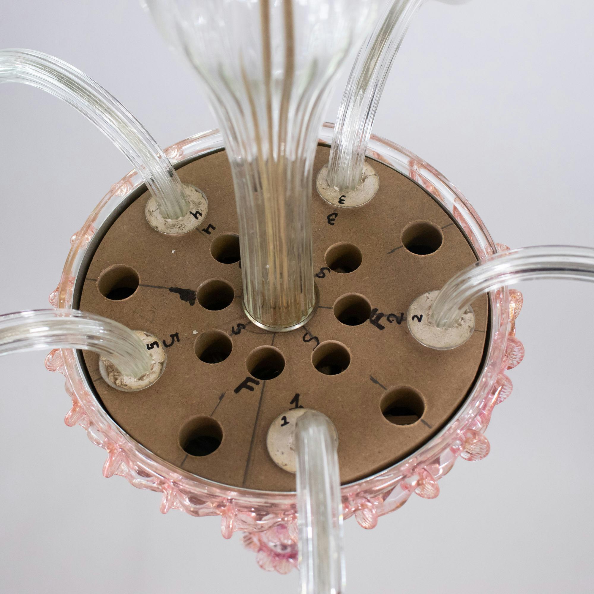Mid-Century Baroque Style Five Arm Blush Pink and Gold Murano Chandelier For Sale 11