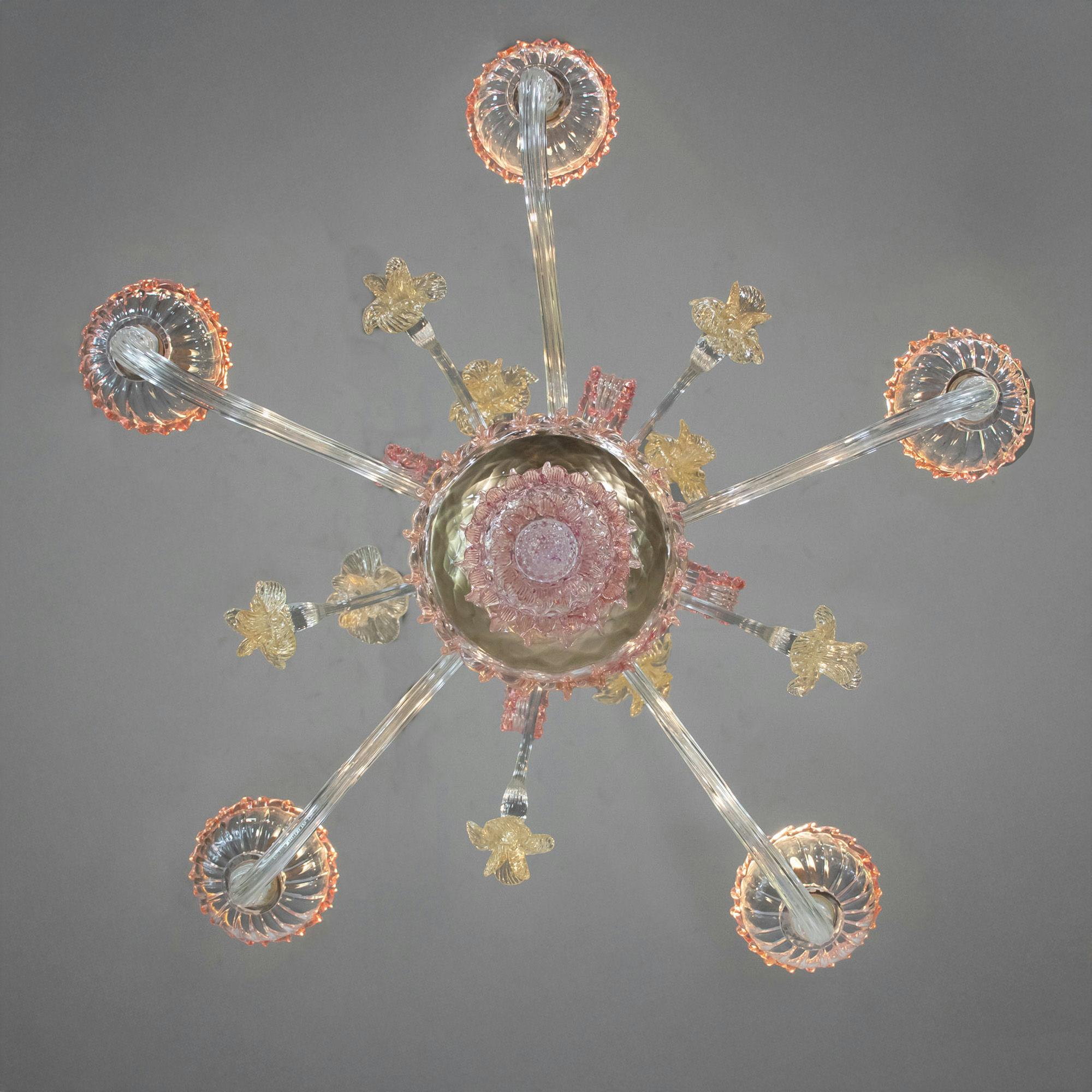 Mid-Century Baroque Style Five Arm Blush Pink and Gold Murano Chandelier For Sale 12