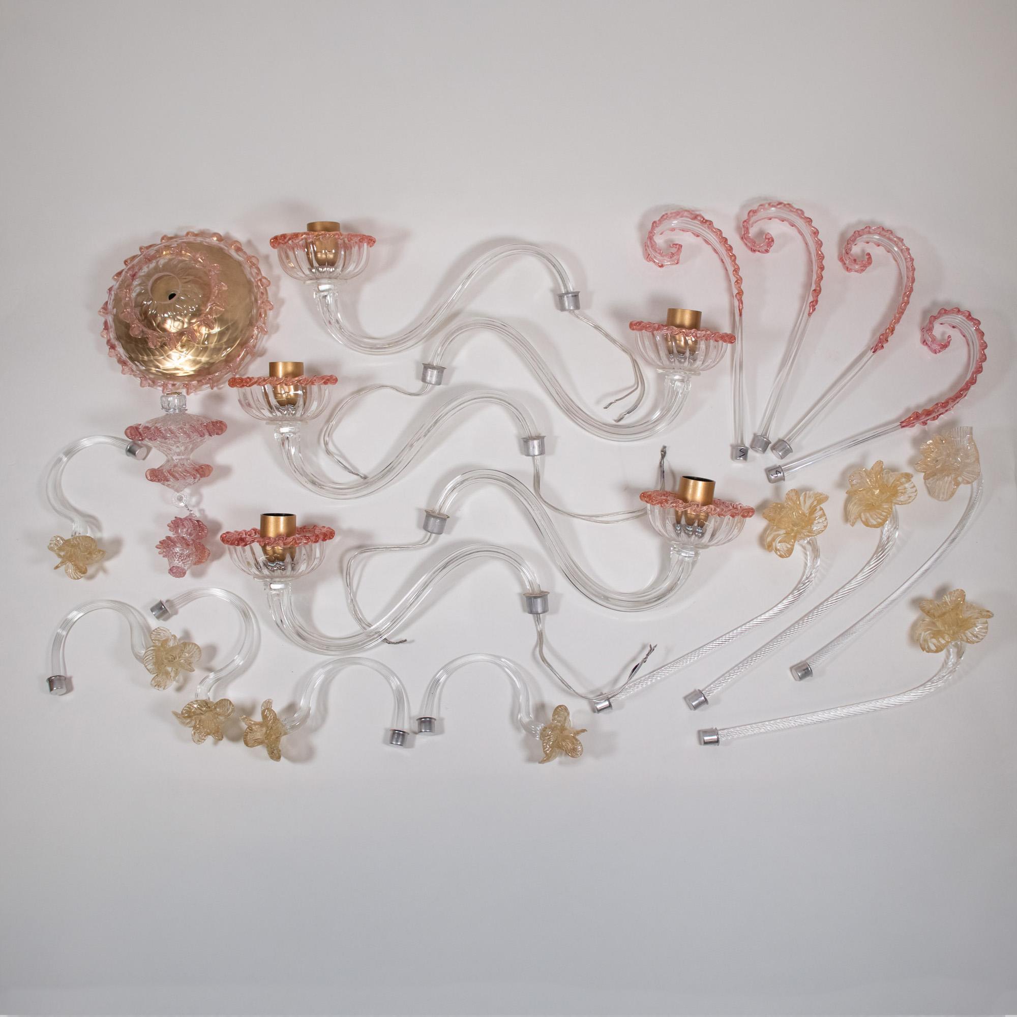 Mid-Century Baroque Style Five Arm Blush Pink and Gold Murano Chandelier For Sale 13