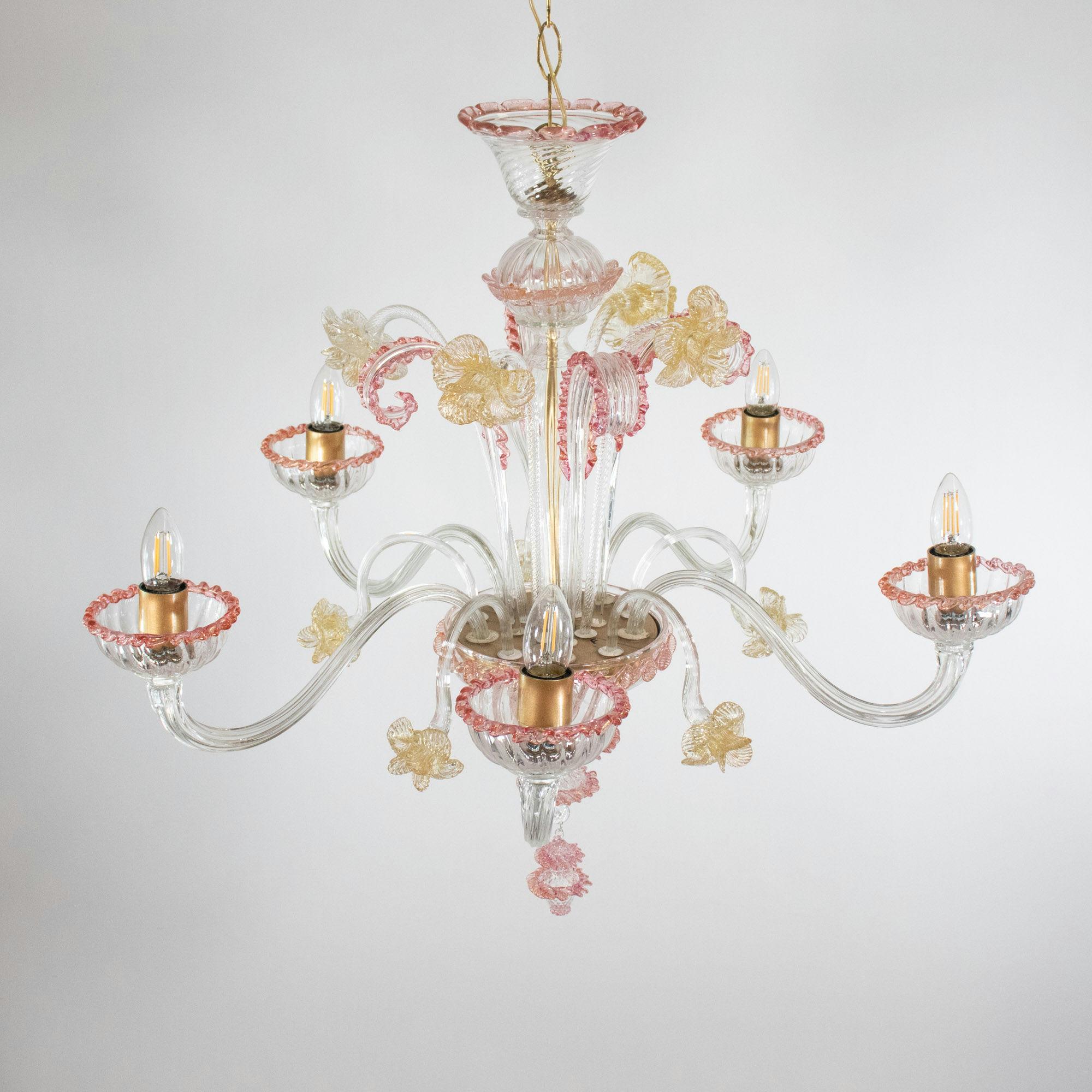 Italian Mid-Century Baroque Style Five Arm Blush Pink and Gold Murano Chandelier For Sale