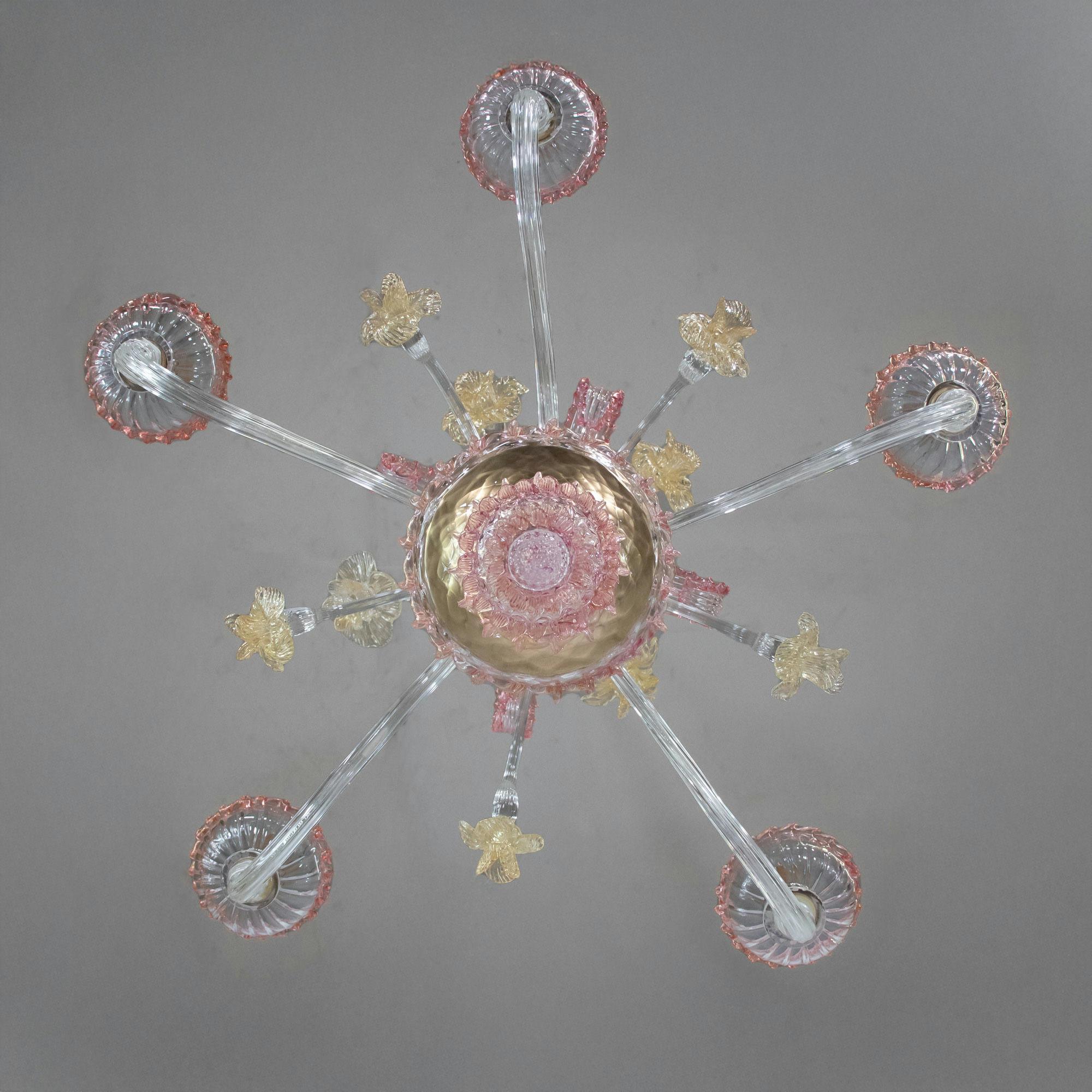 Mid-Century Baroque Style Five Arm Blush Pink and Gold Murano Chandelier For Sale 2