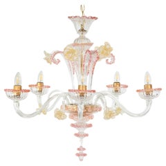 Mid-Century Baroque Style Five Arm Blush Pink and Gold Murano Chandelier