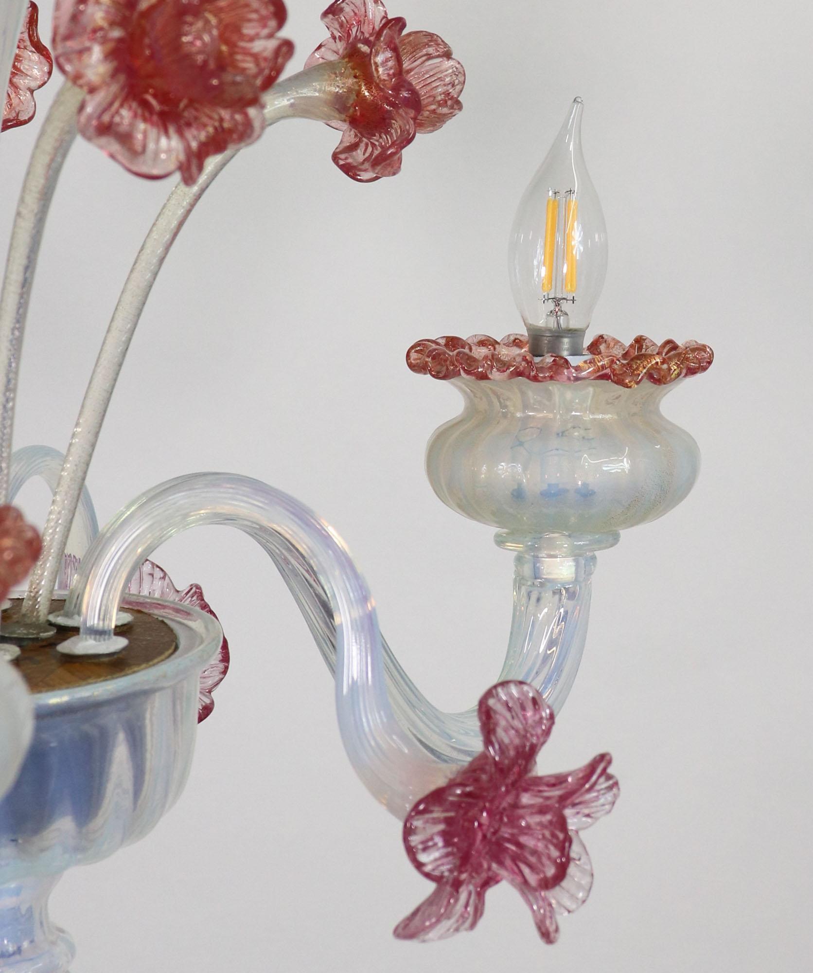 Mid-Century Baroque Style Floral Opaline Three Arm Murano Chandelier For Sale 6