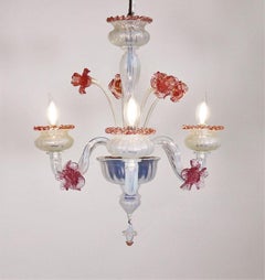Mid-Century Baroque Style Floral Opaline Three Arm Murano Chandelier