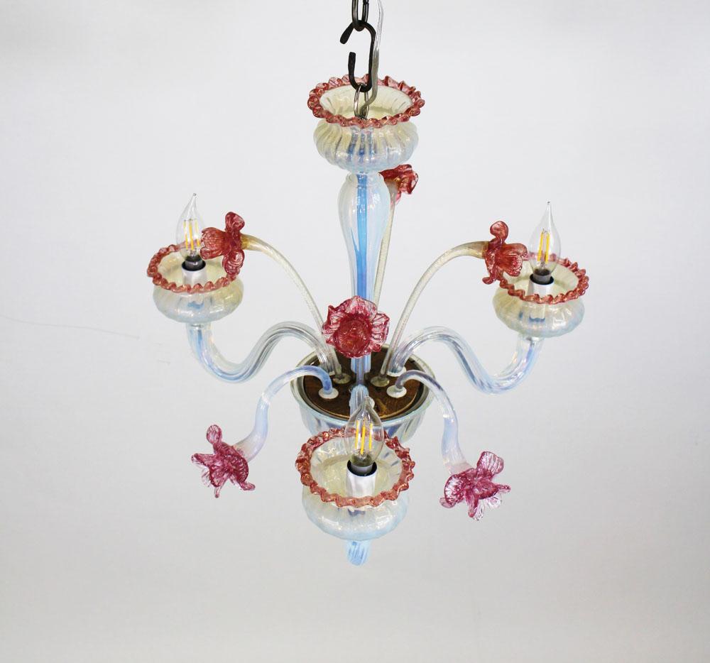 Hand-Crafted Mid-Century Baroque Style Floral Opaline Three Arm Murano Chandelier For Sale