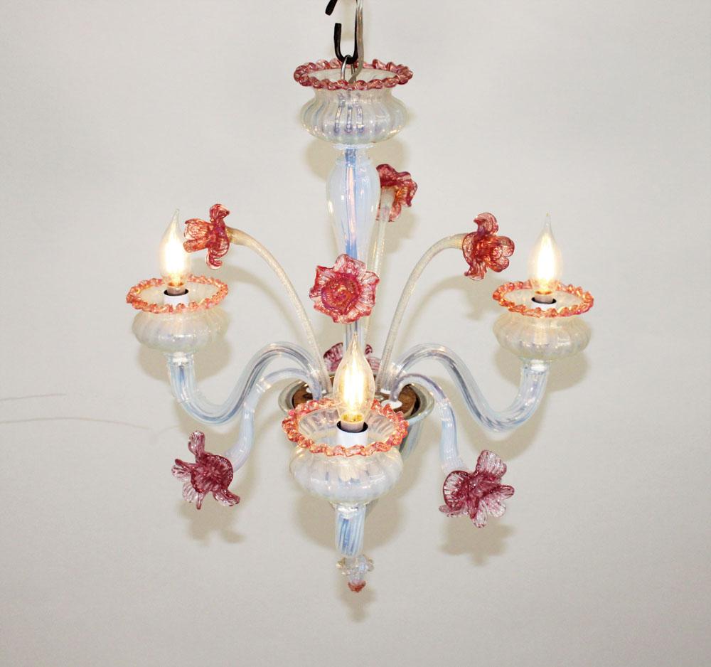 Italian Mid-Century Baroque Style Floral Opaline Three Arm Murano Chandelier For Sale