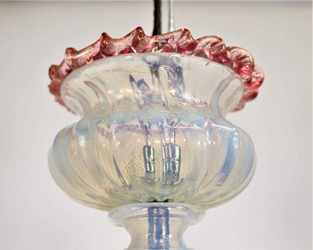 Mid-Century Baroque Style Floral Opaline Three Arm Murano Chandelier In Good Condition For Sale In Chicago, IL