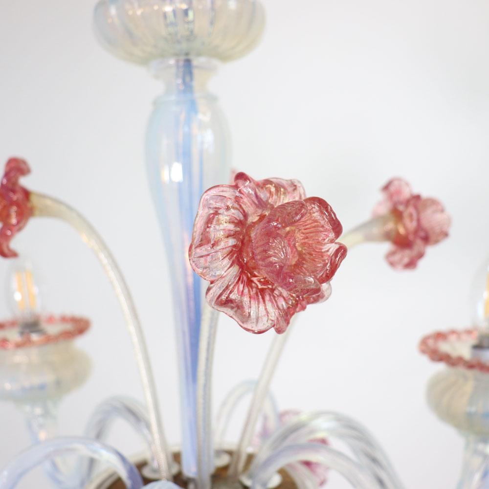 20th Century Mid-Century Baroque Style Floral Opaline Three Arm Murano Chandelier For Sale