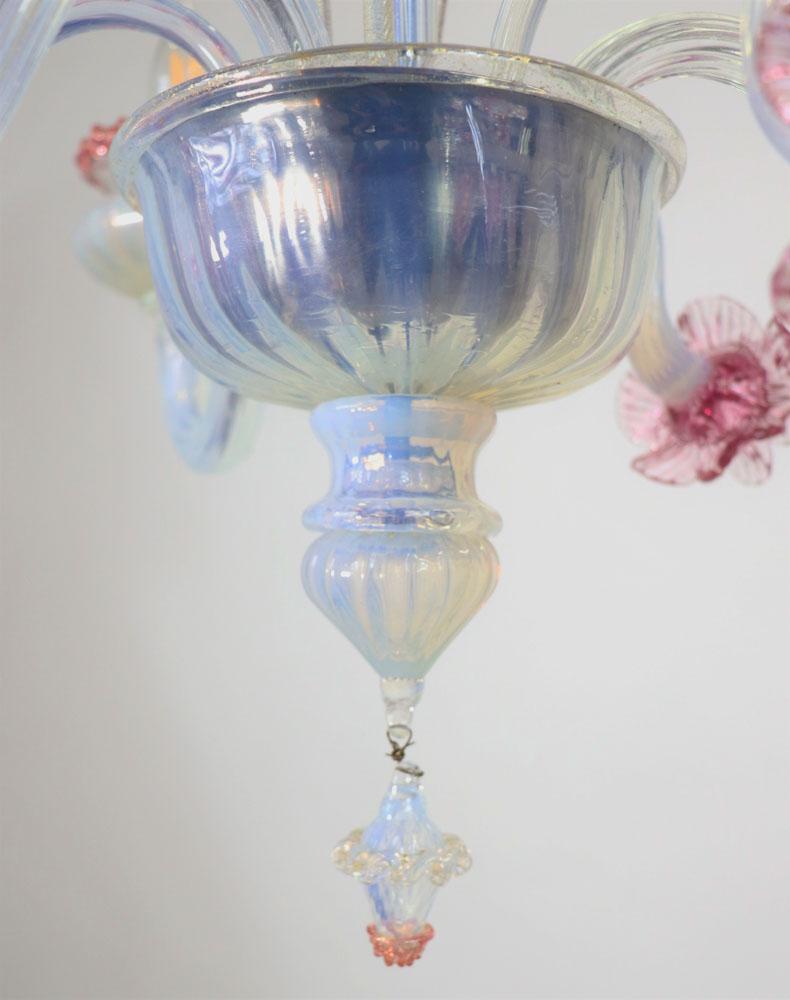 Mid-Century Baroque Style Floral Opaline Three Arm Murano Chandelier For Sale 7