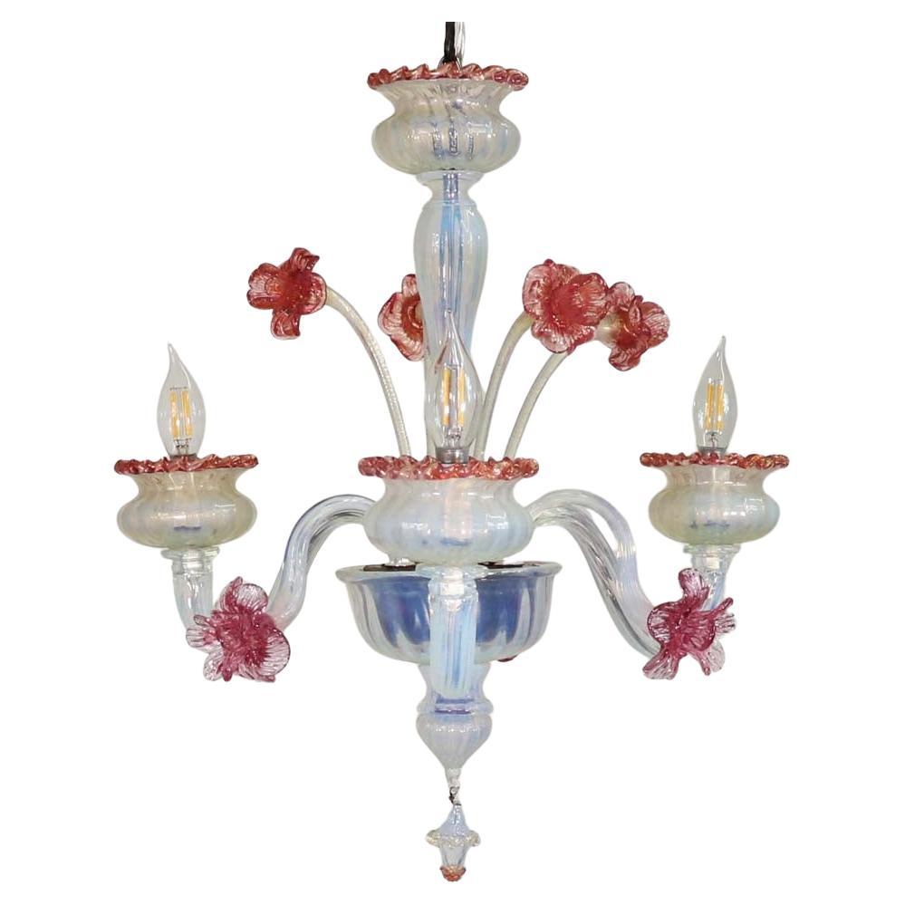 Mid-Century Baroque Style Floral Opaline Three Arm Murano Chandelier For Sale