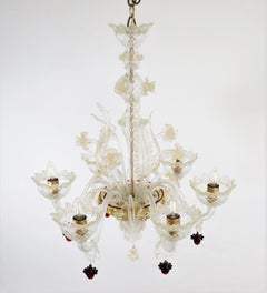 Mid-Century Baroque Style Gold Infused Murano Chandelier with Red Baubles