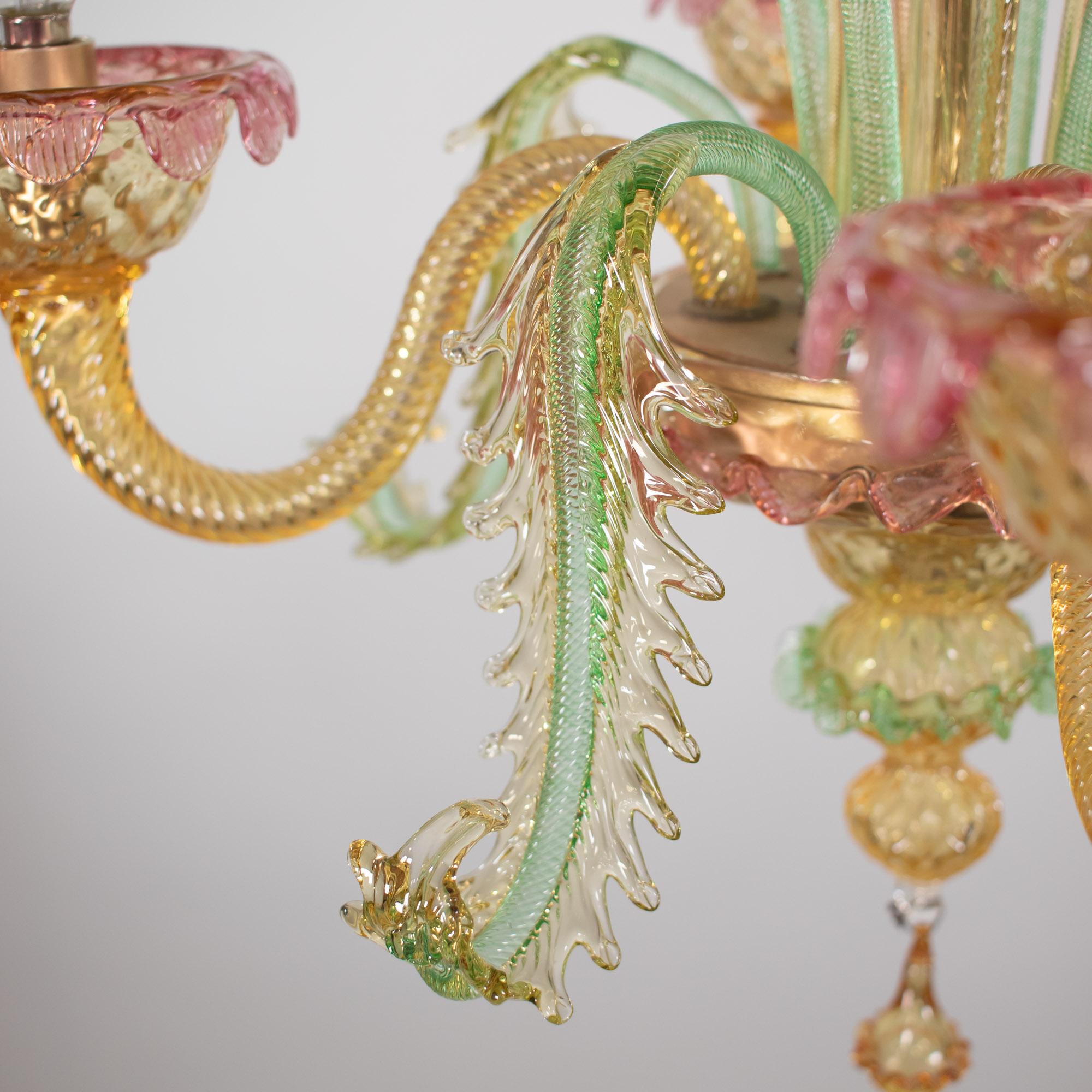 Mid Century Baroque Style Murano Chandelier with Golden Yellow Rapberry Pink 7