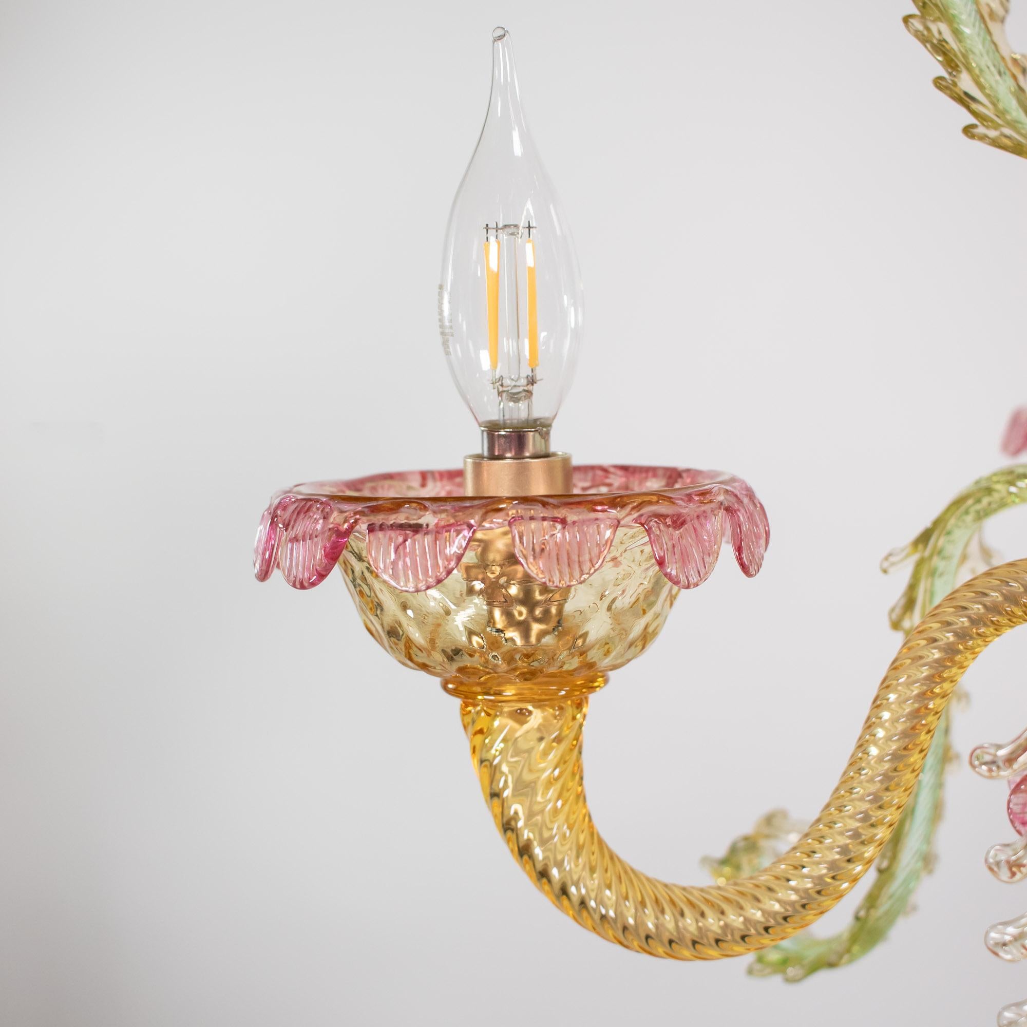 Mid Century Baroque Style Murano Chandelier with Golden Yellow Rapberry Pink 9