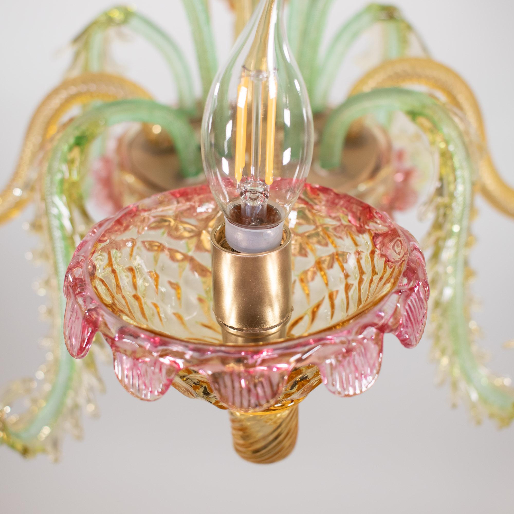 Mid Century Baroque Style Murano Chandelier with Golden Yellow Rapberry Pink 10