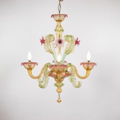 Mid Century Baroque Style Murano Chandelier with Golden Yellow Rapberry Pink