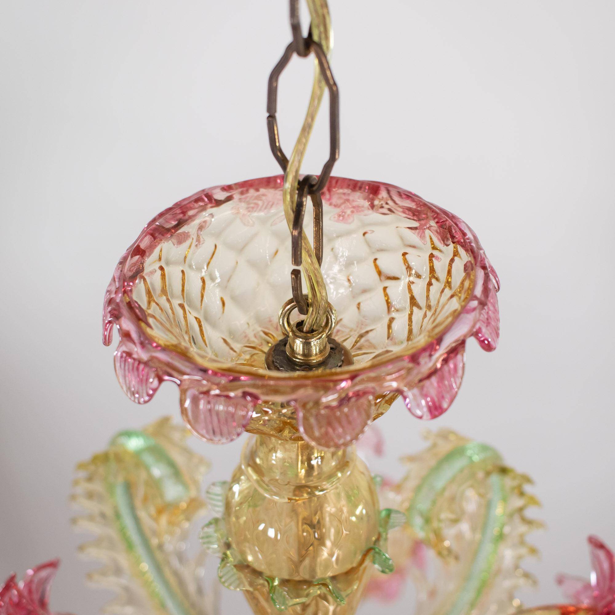 Italian Mid Century Baroque Style Murano Chandelier with Golden Yellow Rapberry Pink