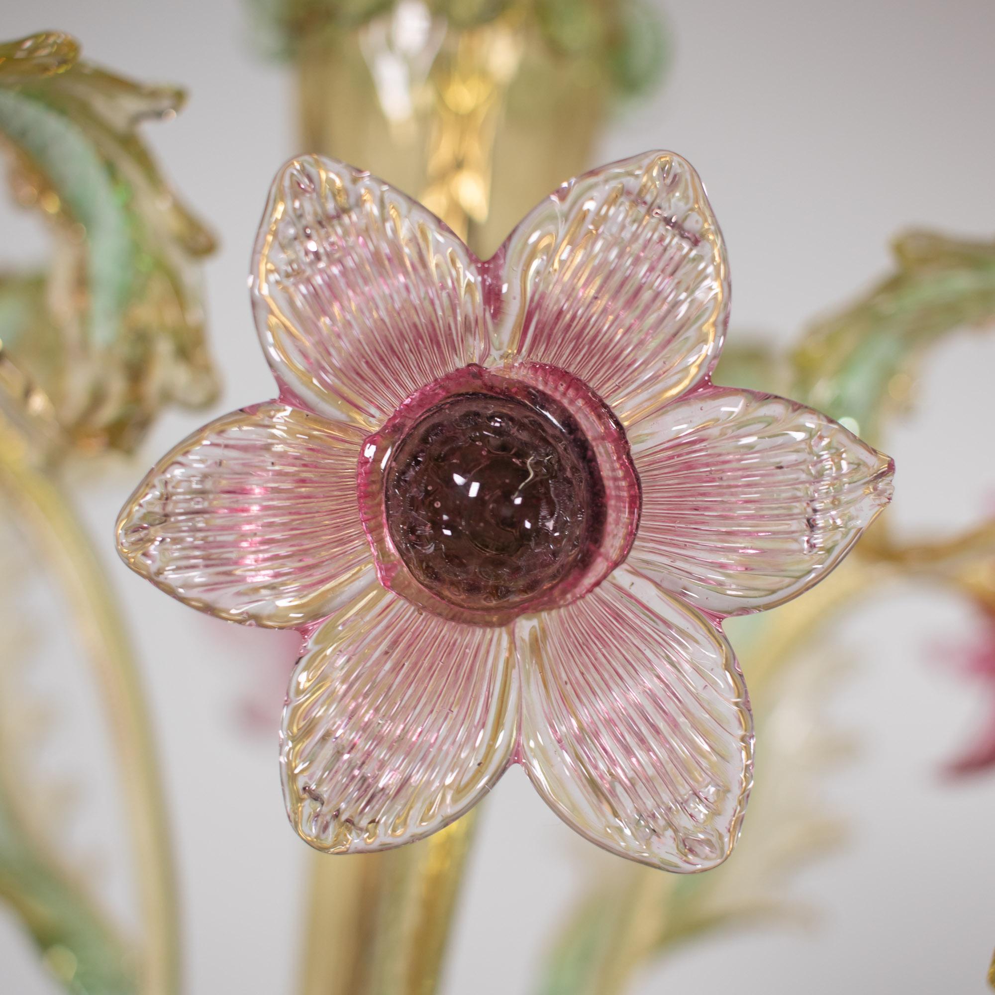 Hand-Crafted Mid Century Baroque Style Murano Chandelier with Golden Yellow Rapberry Pink
