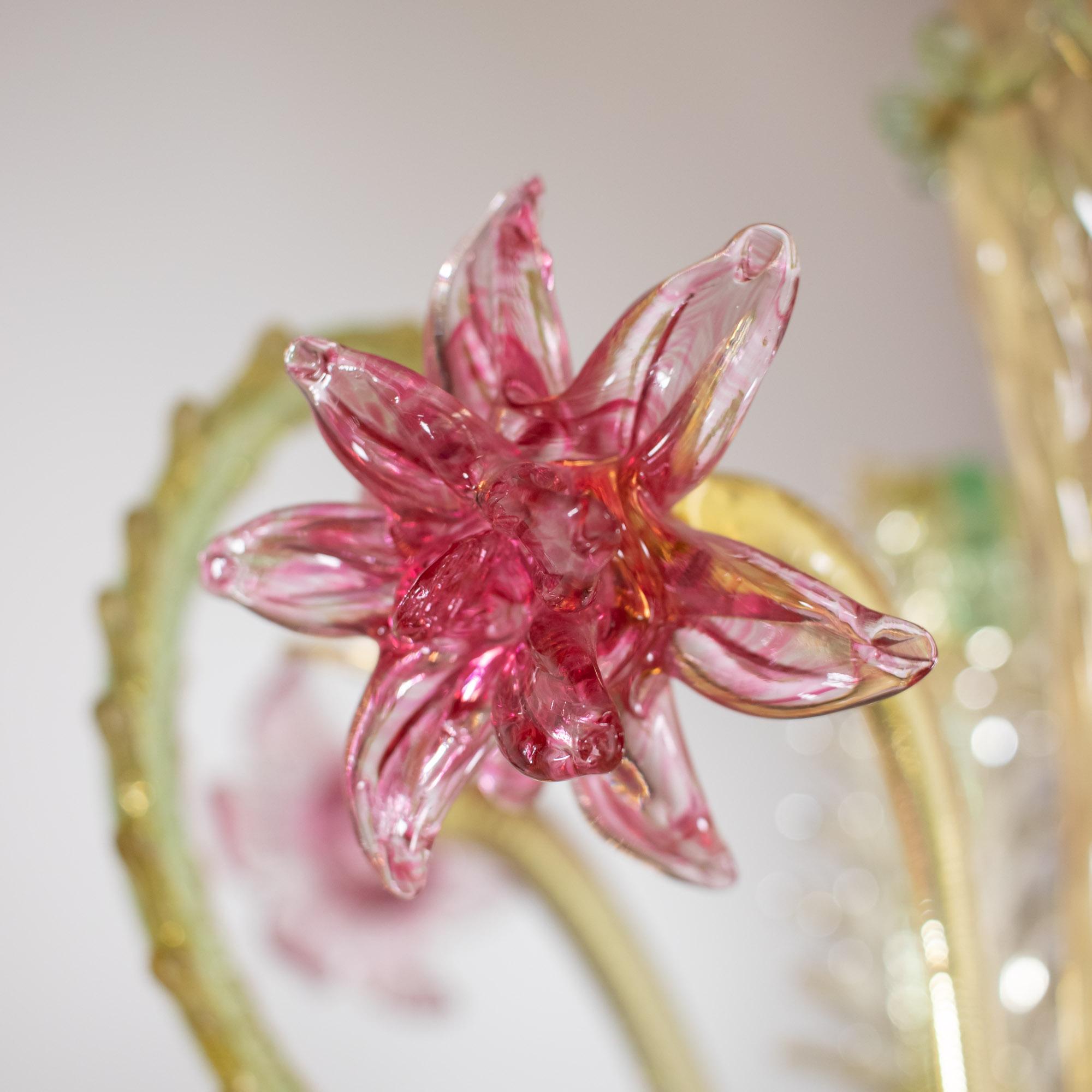 Mid Century Baroque Style Murano Chandelier with Golden Yellow Rapberry Pink In Good Condition In Chicago, IL