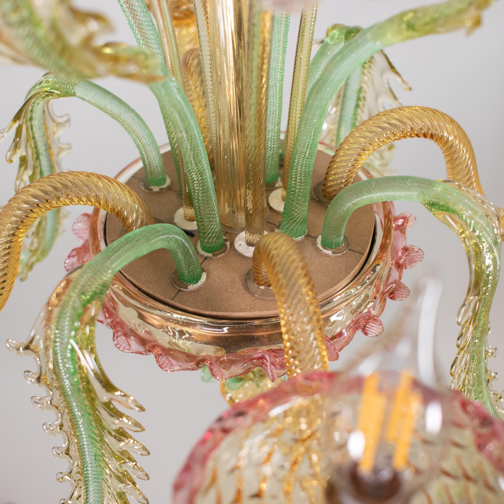 Murano Glass Mid Century Baroque Style Murano Chandelier with Golden Yellow Rapberry Pink
