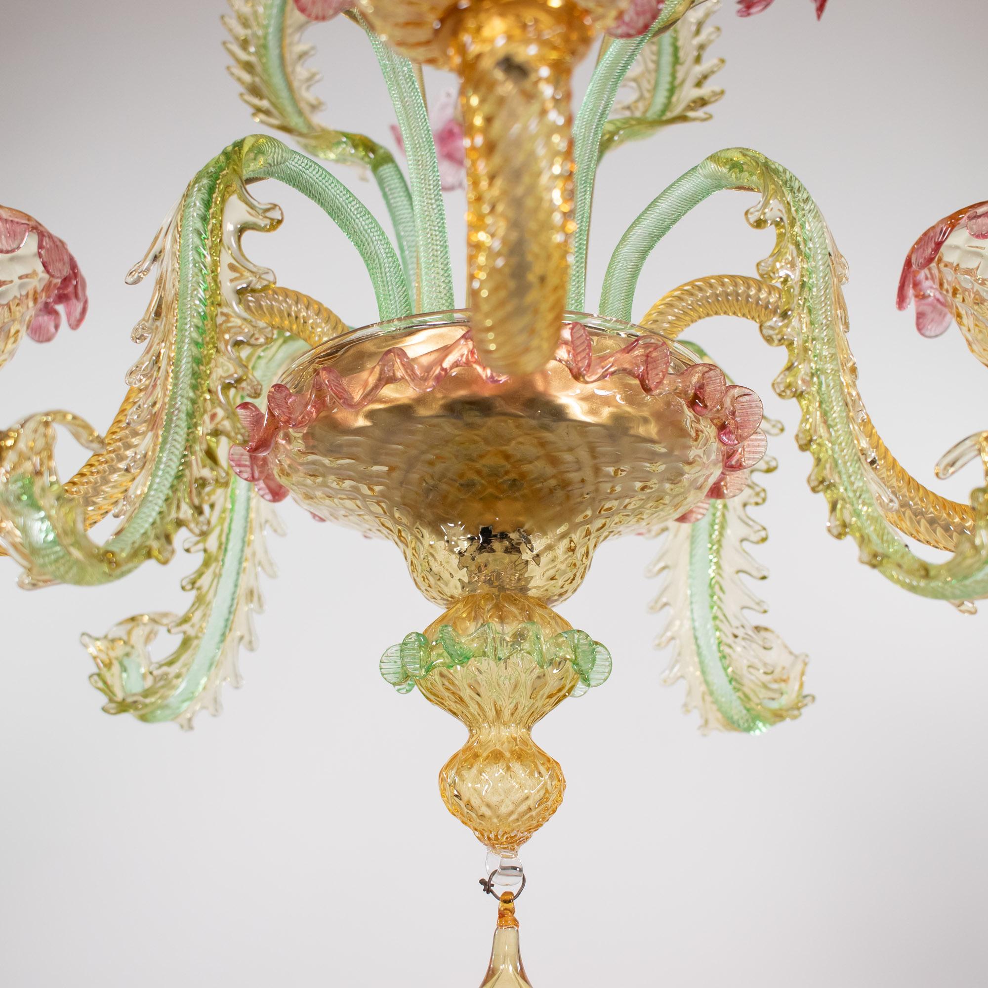 Mid Century Baroque Style Murano Chandelier with Golden Yellow Rapberry Pink 1