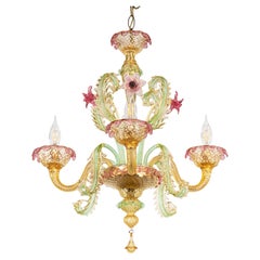 Mid Century Baroque Style Murano Chandelier with Golden Yellow Rapberry Pink