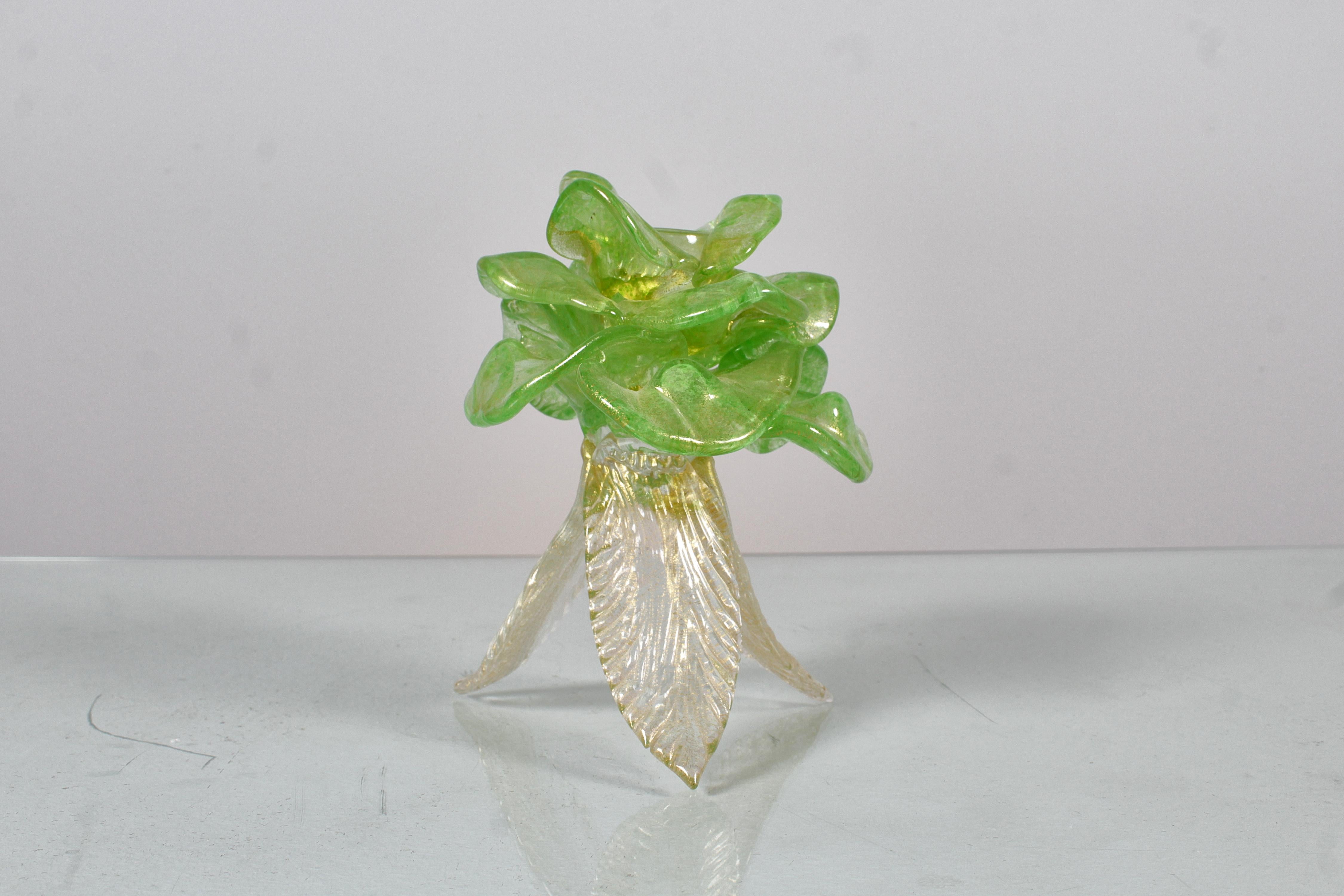 Mid-Century Barovier Grünes Murano Glas mit Blattgold Kerzenständer, Italien 50er Jahre (Moderne der Mitte des Jahrhunderts) im Angebot