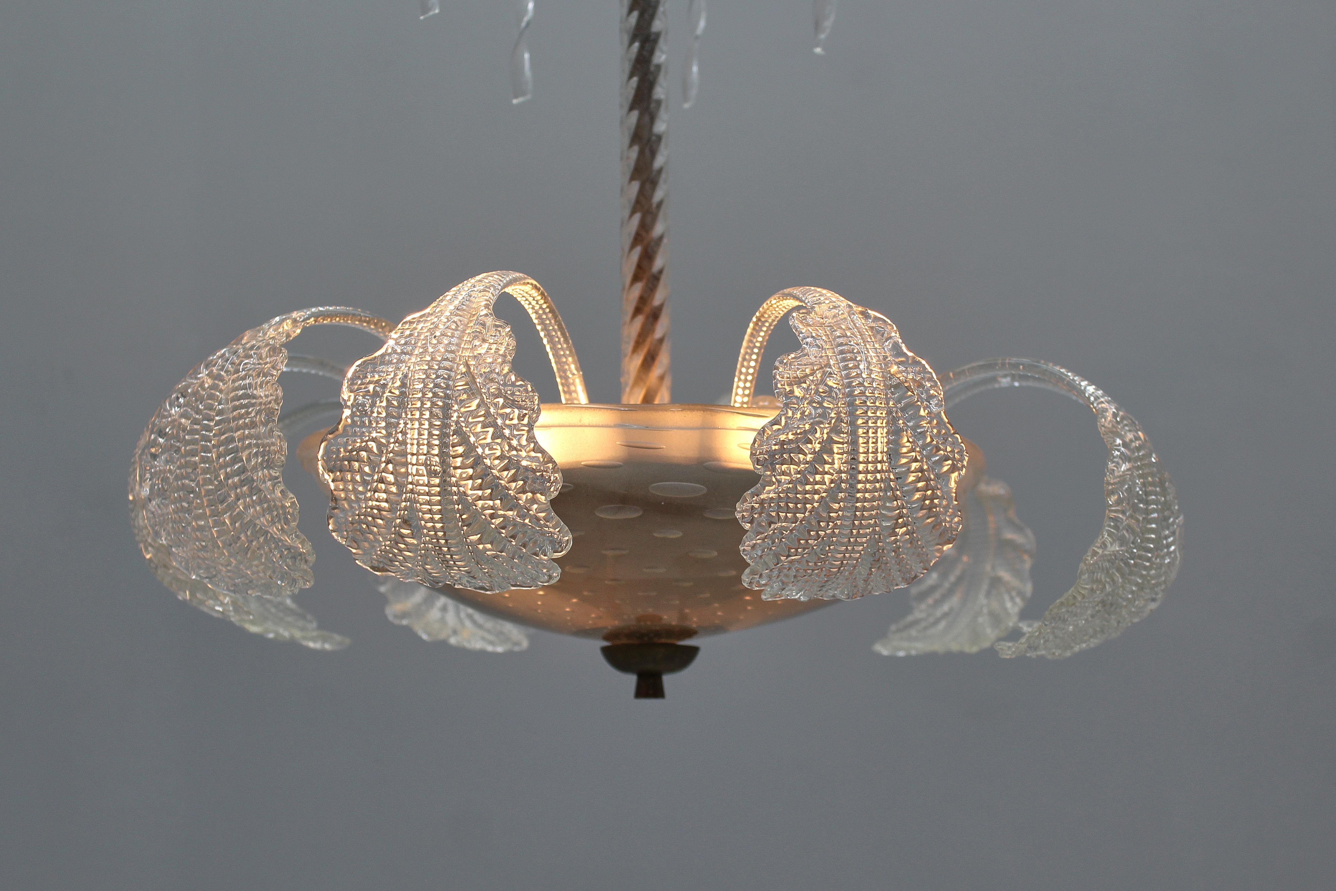 Mid-Century Barovier & Toso Murano Glass and Brass Chandelier 30s Italy For Sale 6
