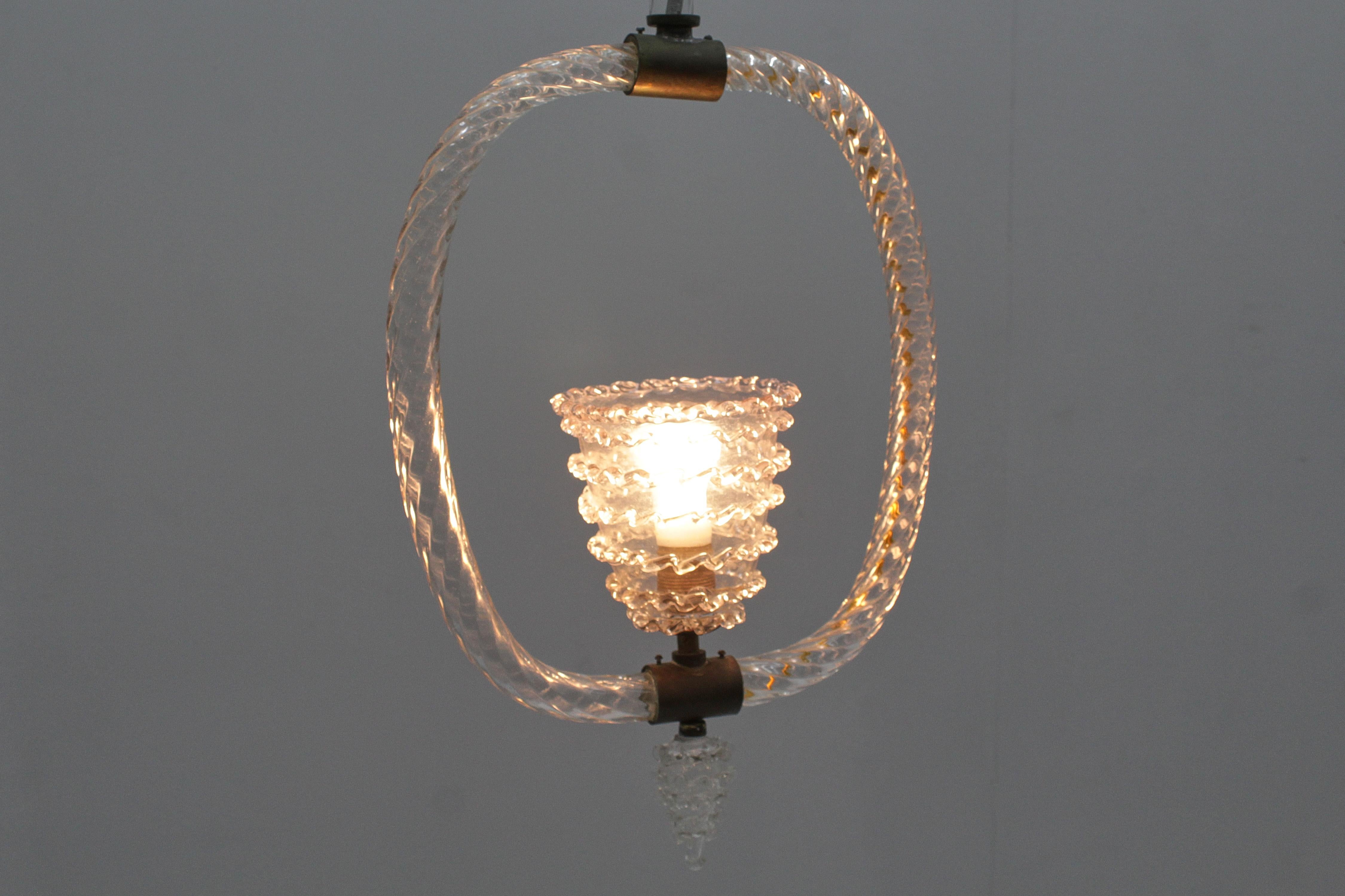 Mid-Century Barovier & Toso Murano Glass and Brass Chandelier 30s Italy For Sale 7