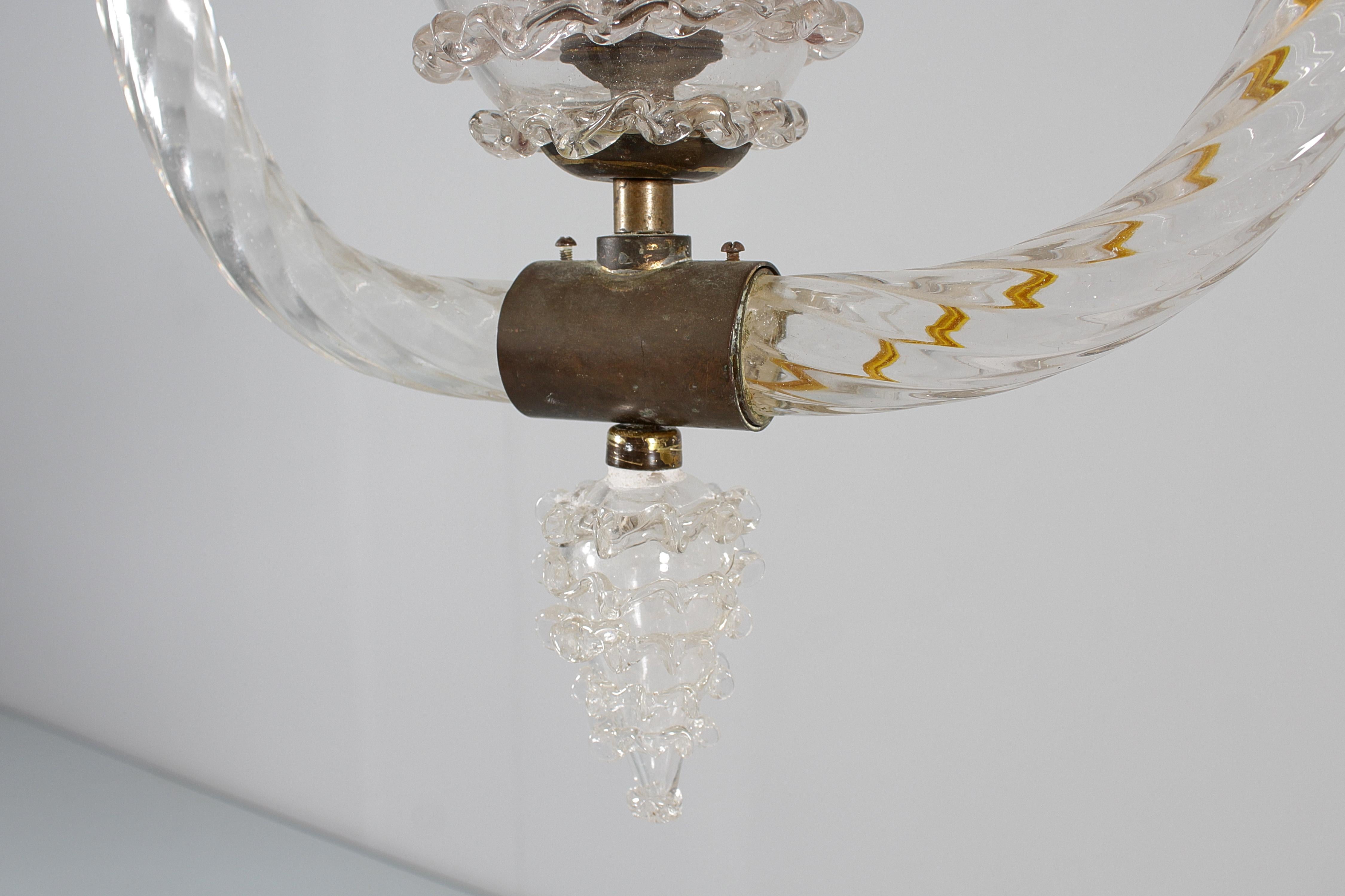 Mid-Century Barovier & Toso Murano Glass and Brass Chandelier 30s Italy For Sale 1