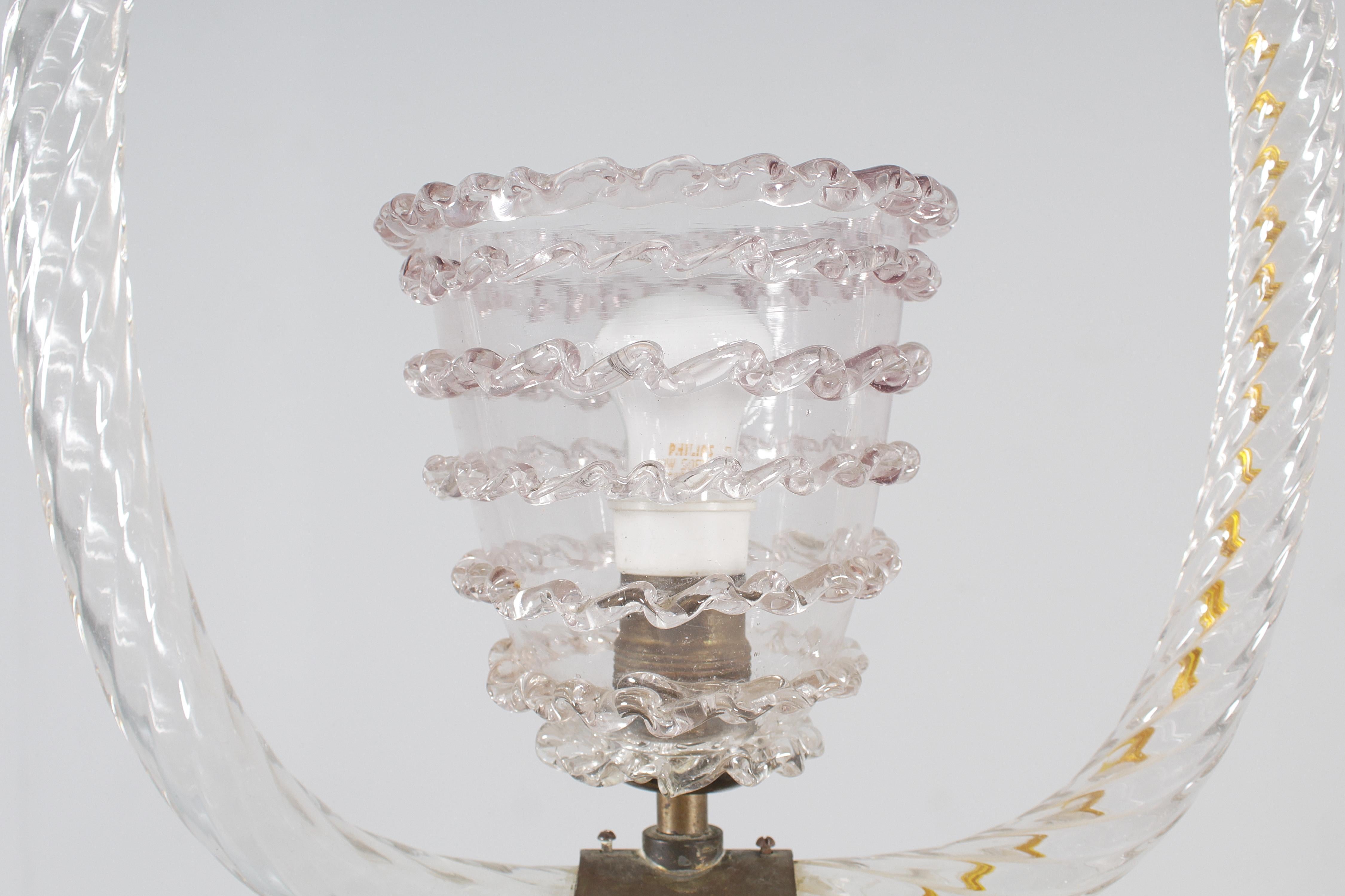 Mid-Century Barovier & Toso Murano Glass and Brass Chandelier 30s Italy For Sale 2