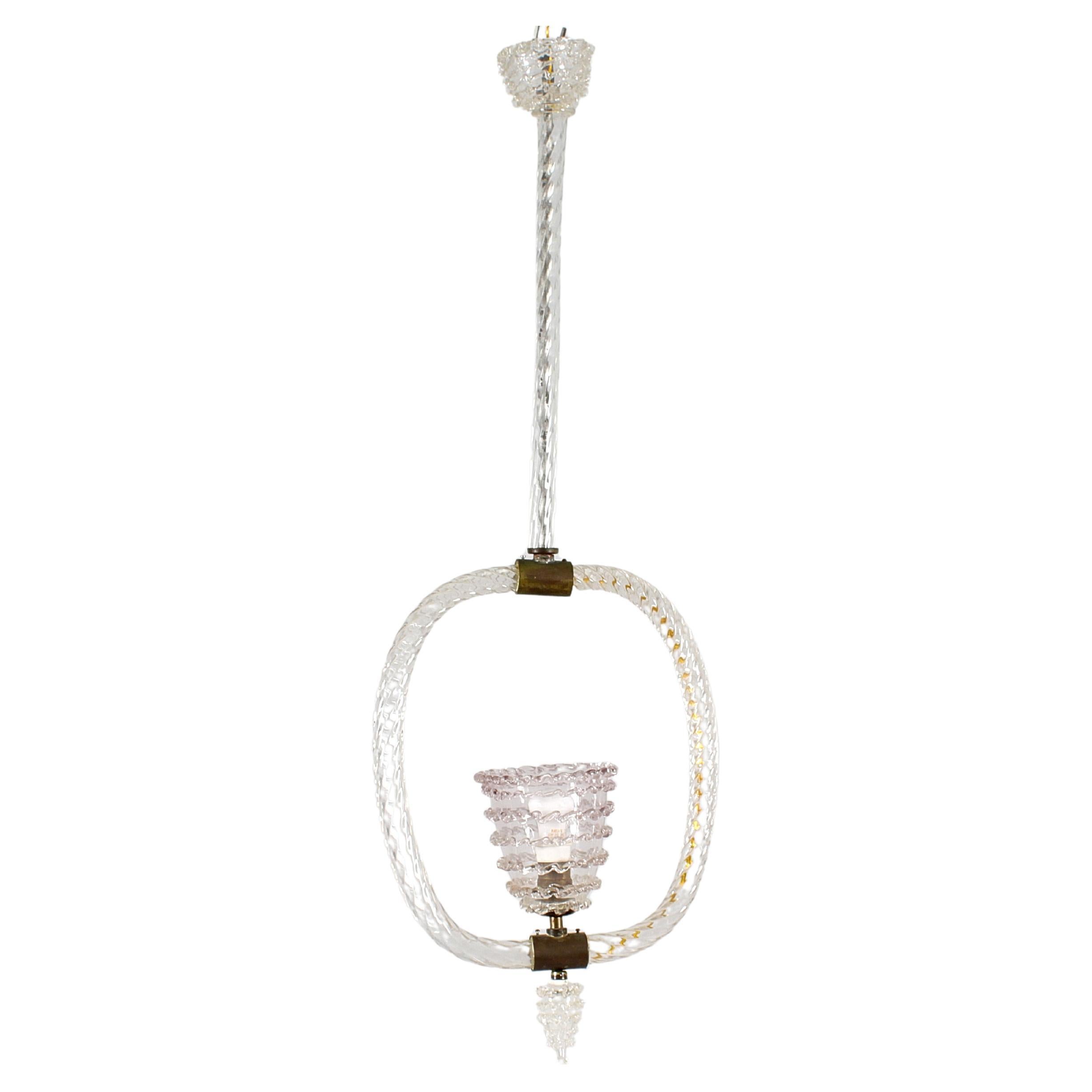 Mid-Century Barovier & Toso Murano Glass and Brass Chandelier 30s Italy