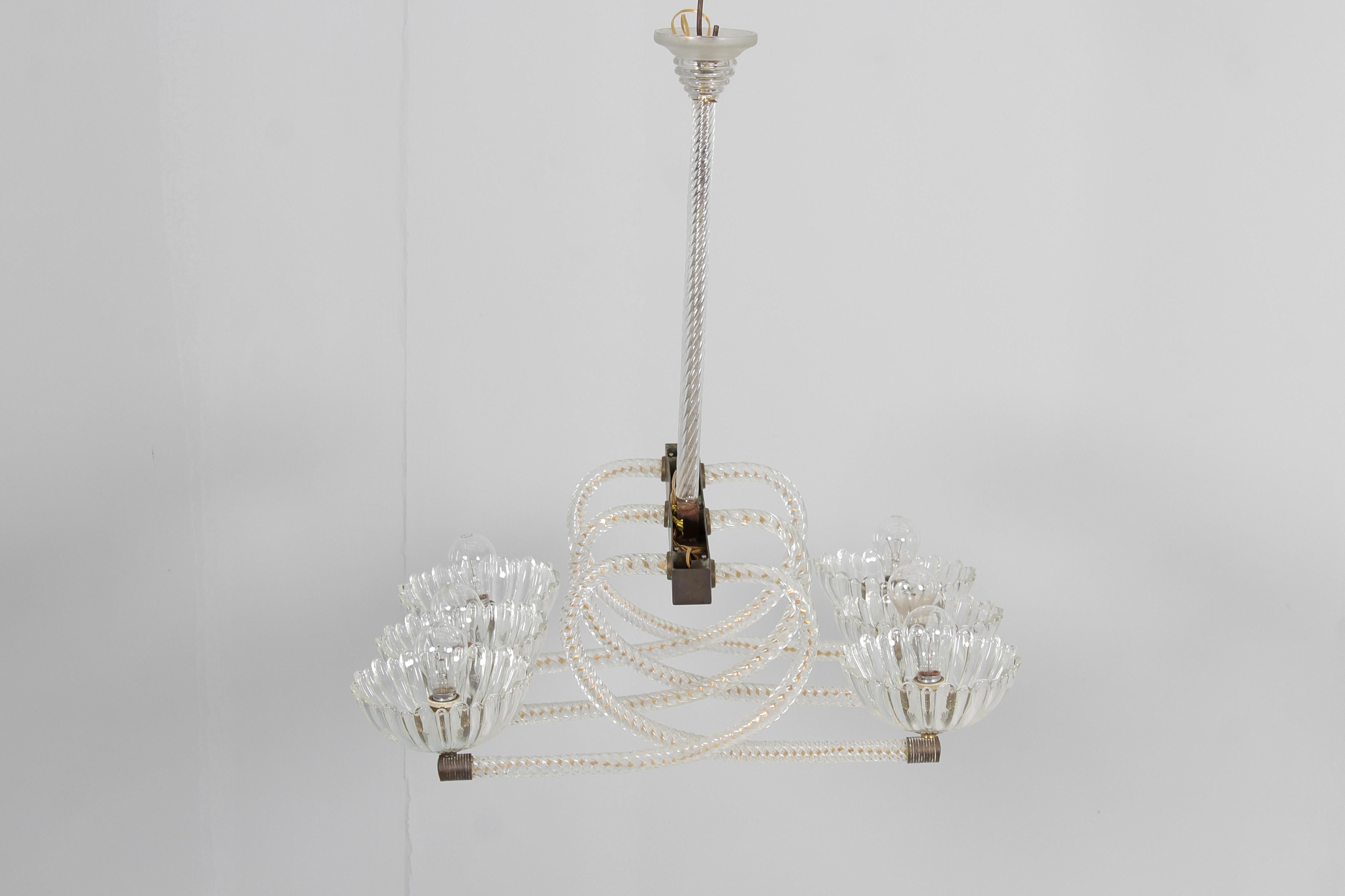 Mid-Century Barovier & Toso Murano Glass and Brass Chandelier 40s Italy 3