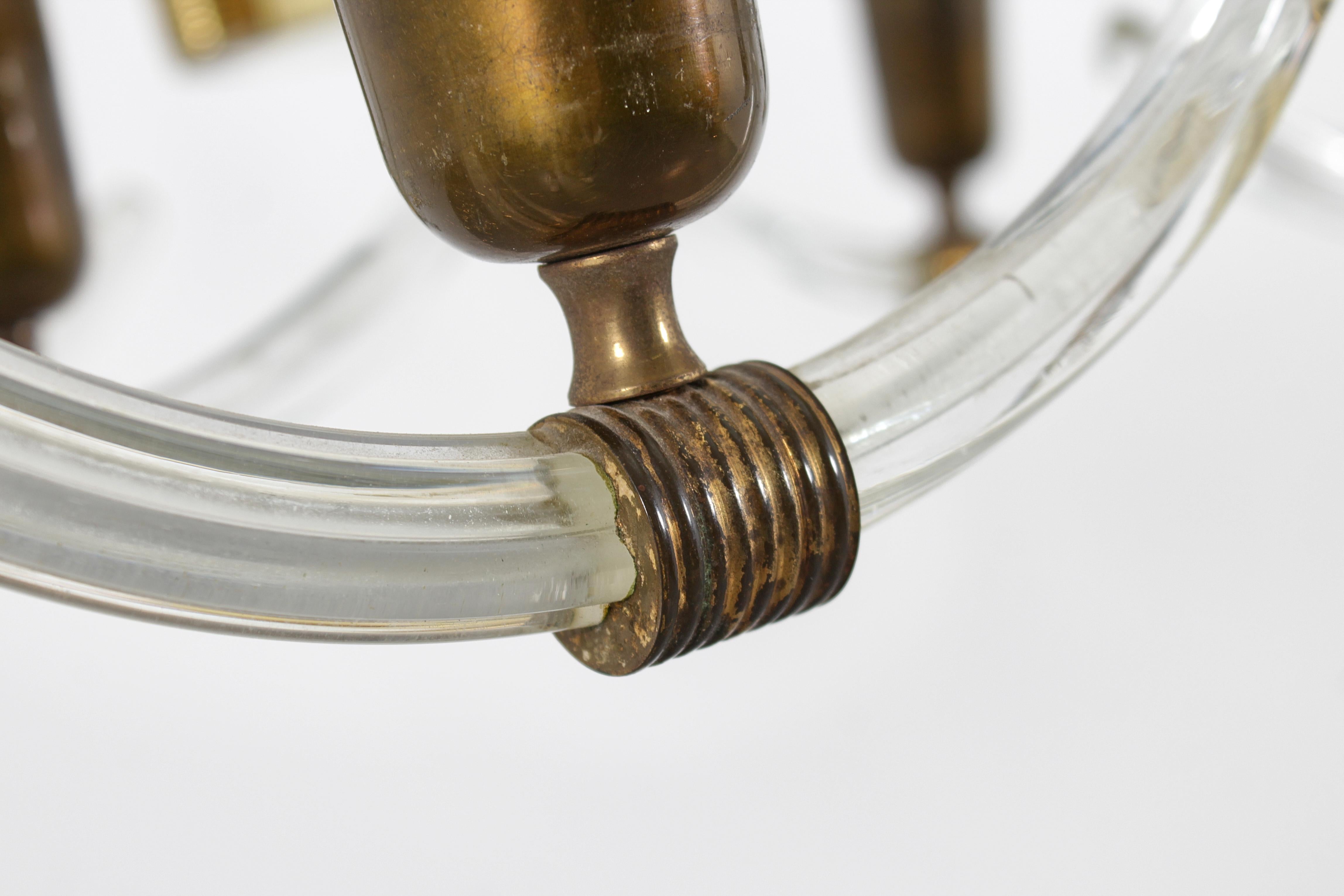 Mid-Century Barovier & Toso Murano Glass and Brass Chandelier 40s Italy For Sale 4