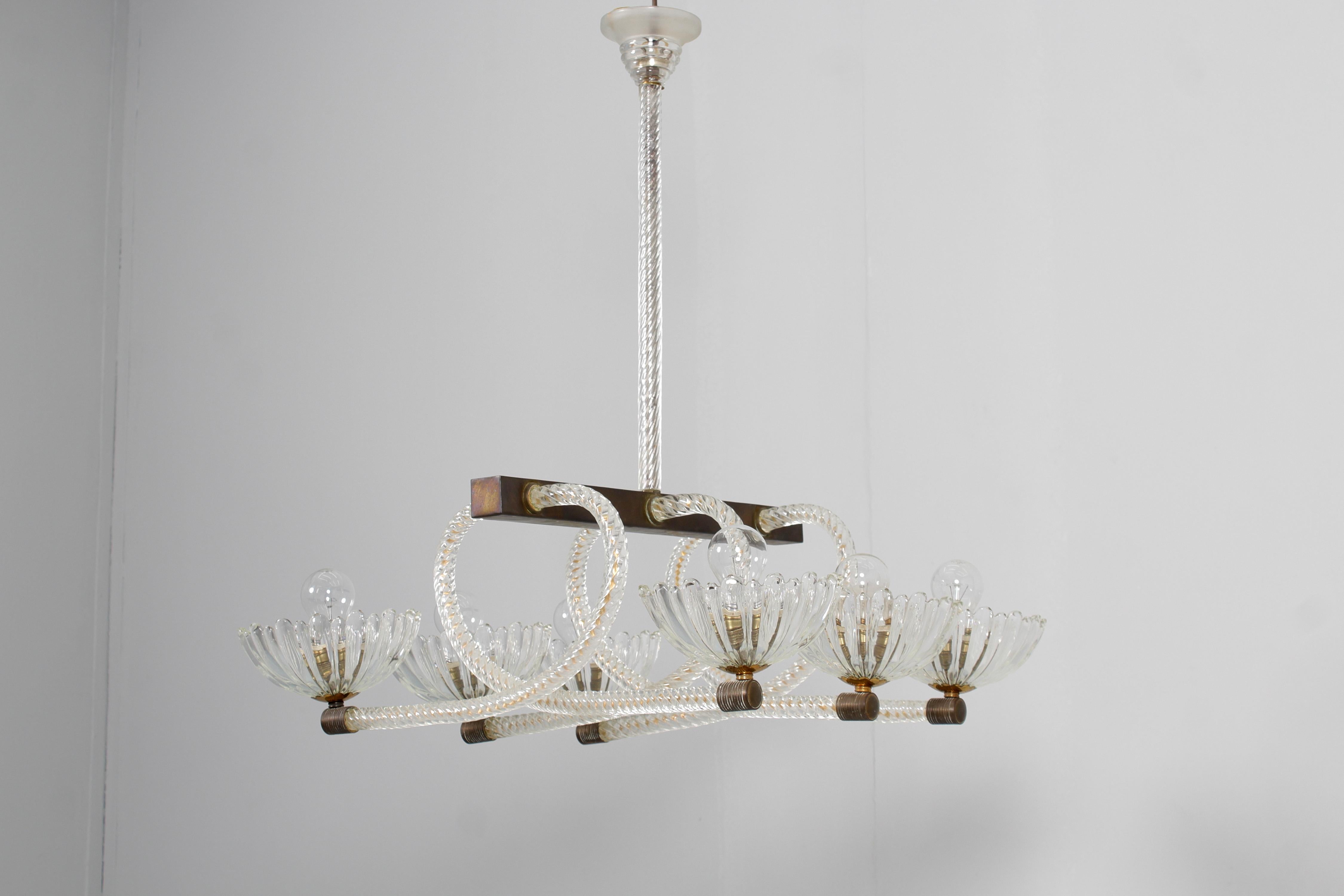 Mid-Century Barovier & Toso Murano Glass and Brass Chandelier 40s Italy 4
