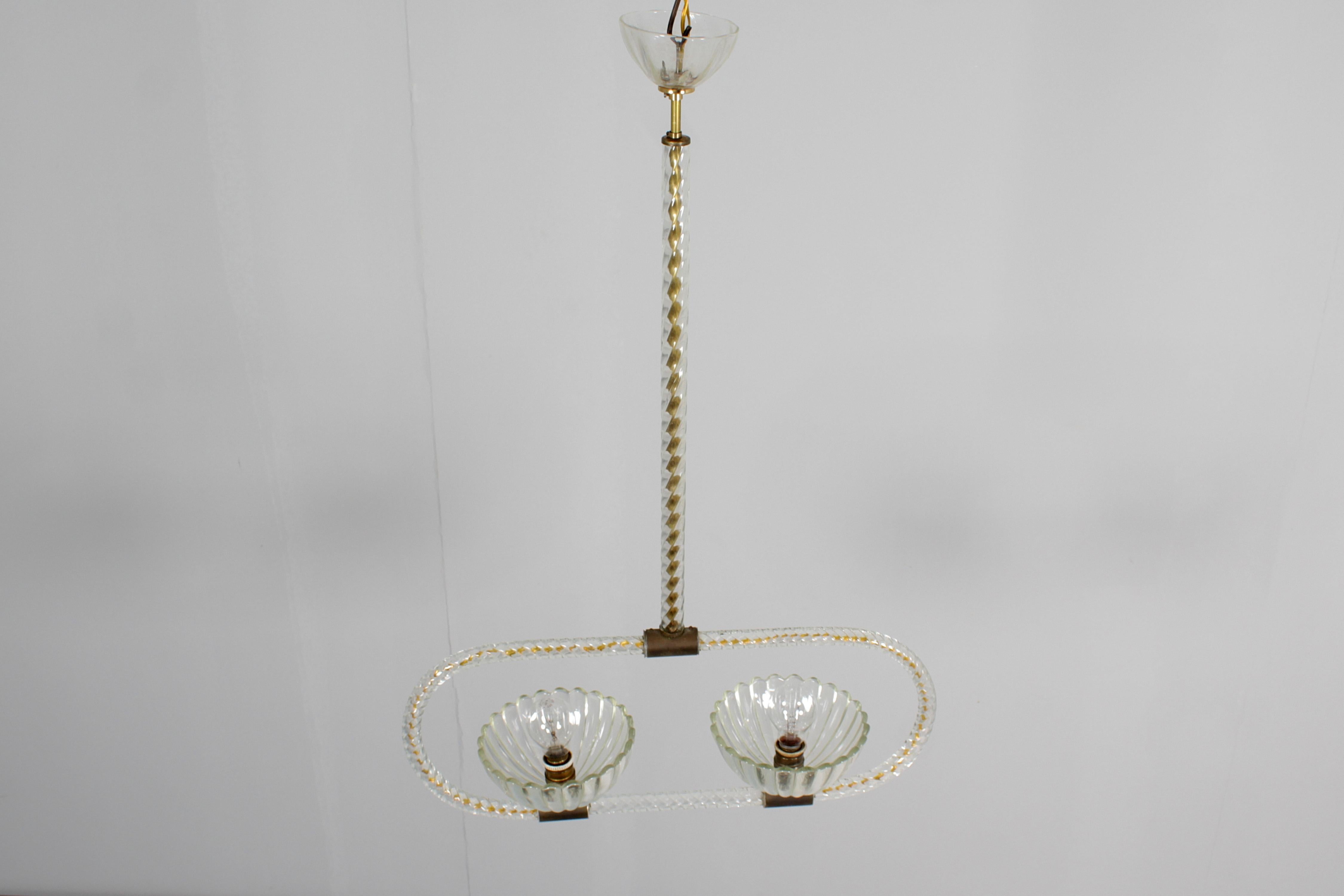 Mid-Century Barovier & Toso Murano Glass and Brass Chandelier 40s Italy For Sale 4