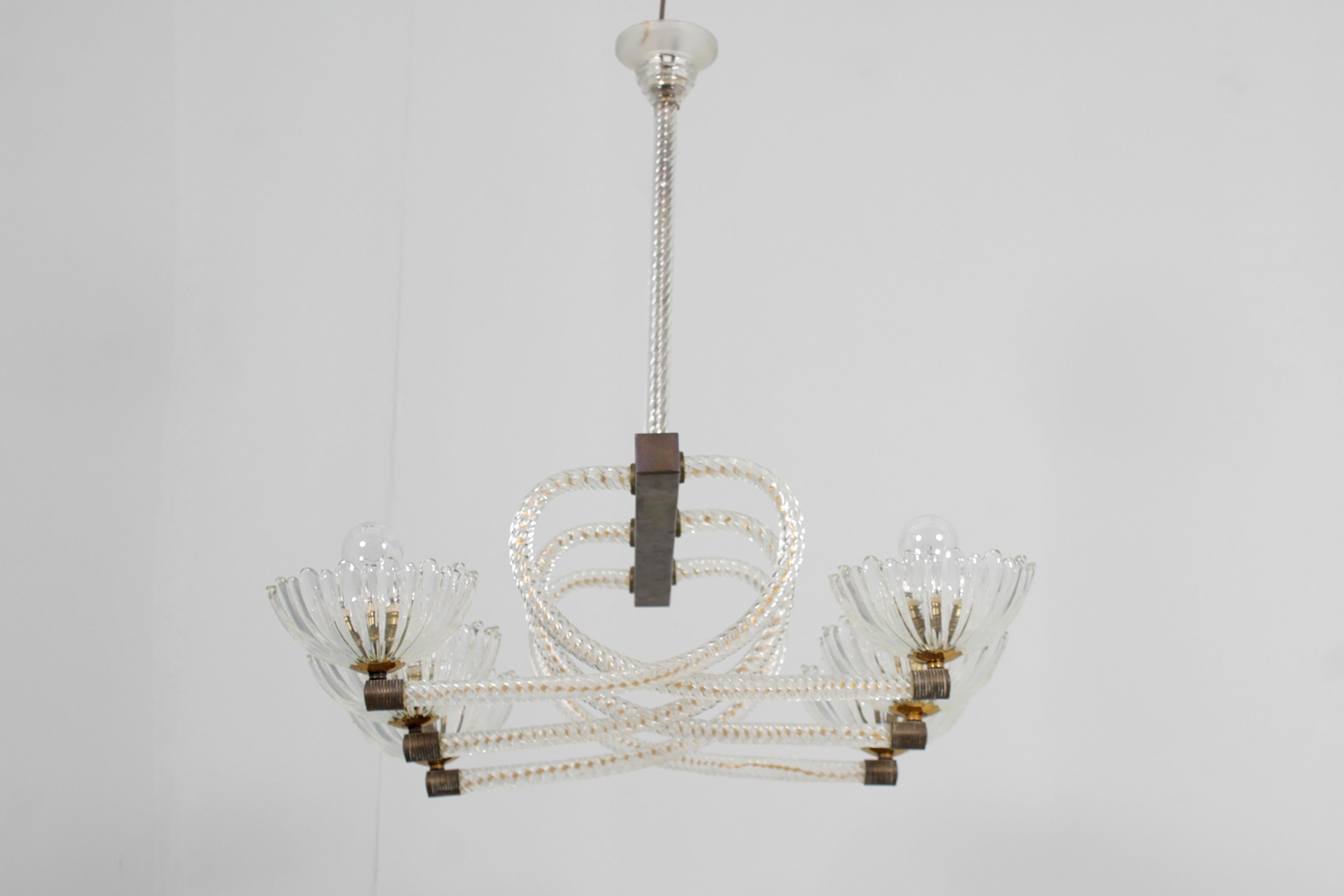Mid-Century Barovier & Toso Murano Glass and Brass Chandelier 40s Italy 5