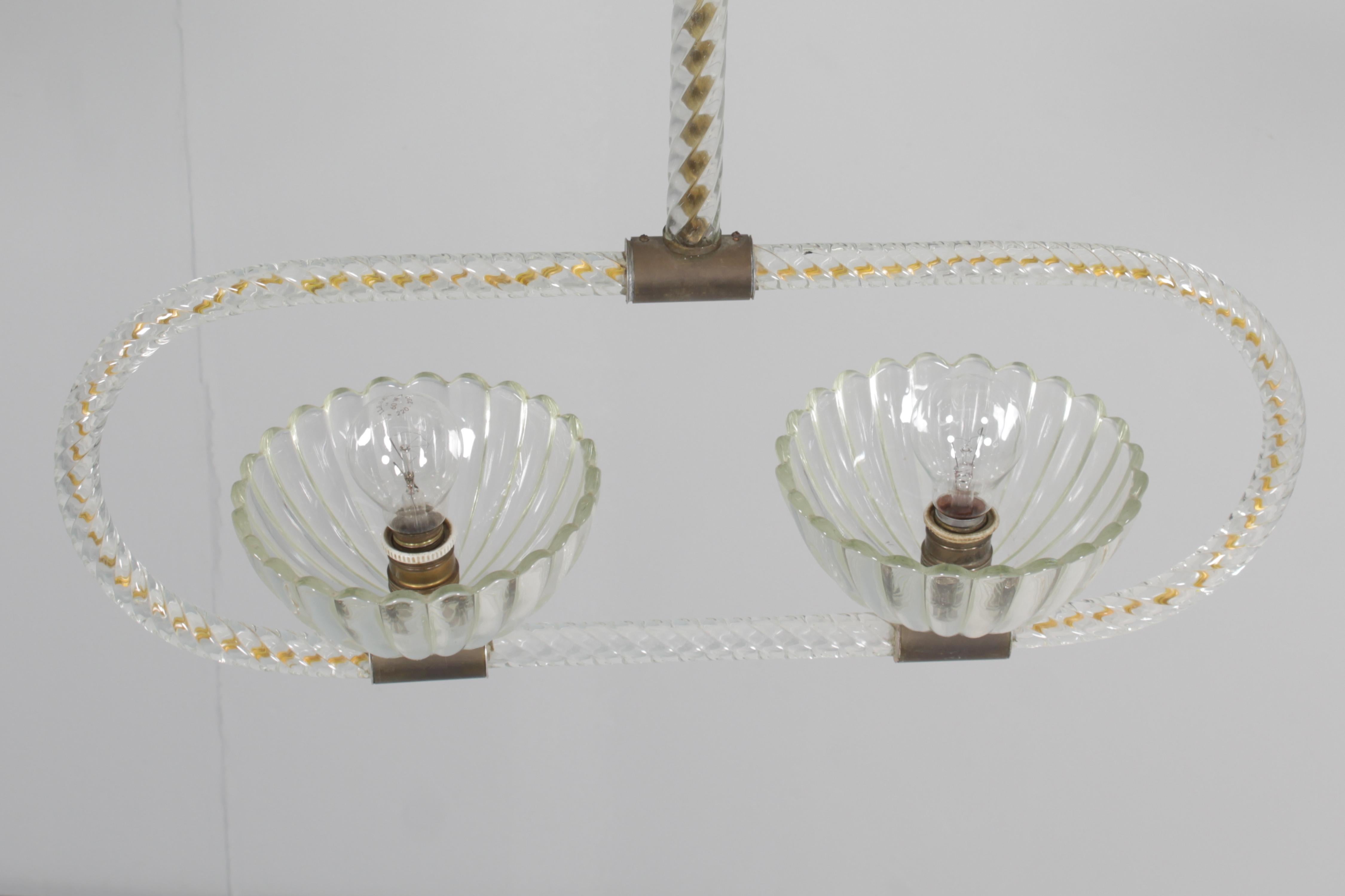 Mid-Century Barovier & Toso Murano Glass and Brass Chandelier 40s Italy For Sale 5