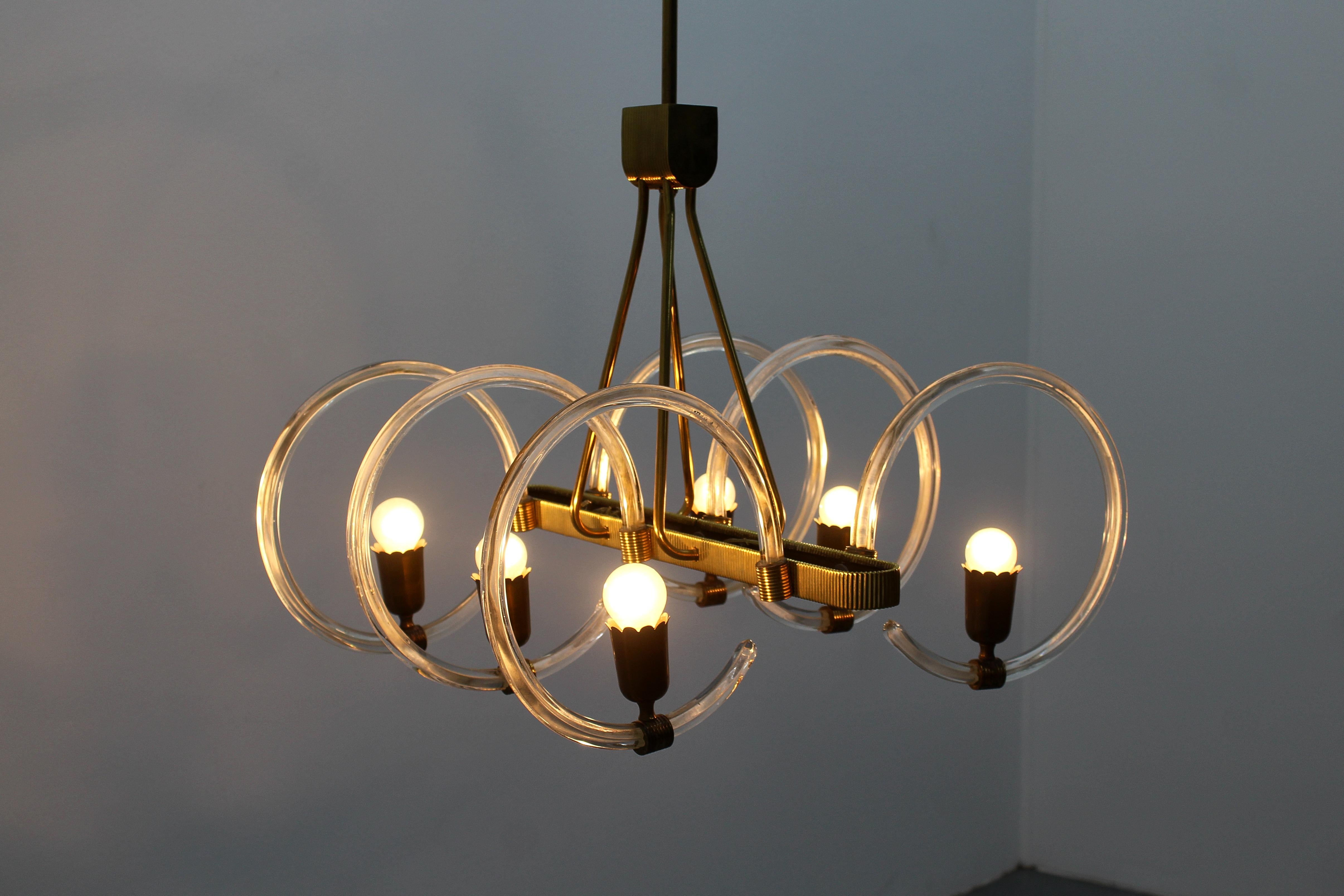 Mid-Century Barovier & Toso Murano Glass and Brass Chandelier 40s Italy For Sale 9